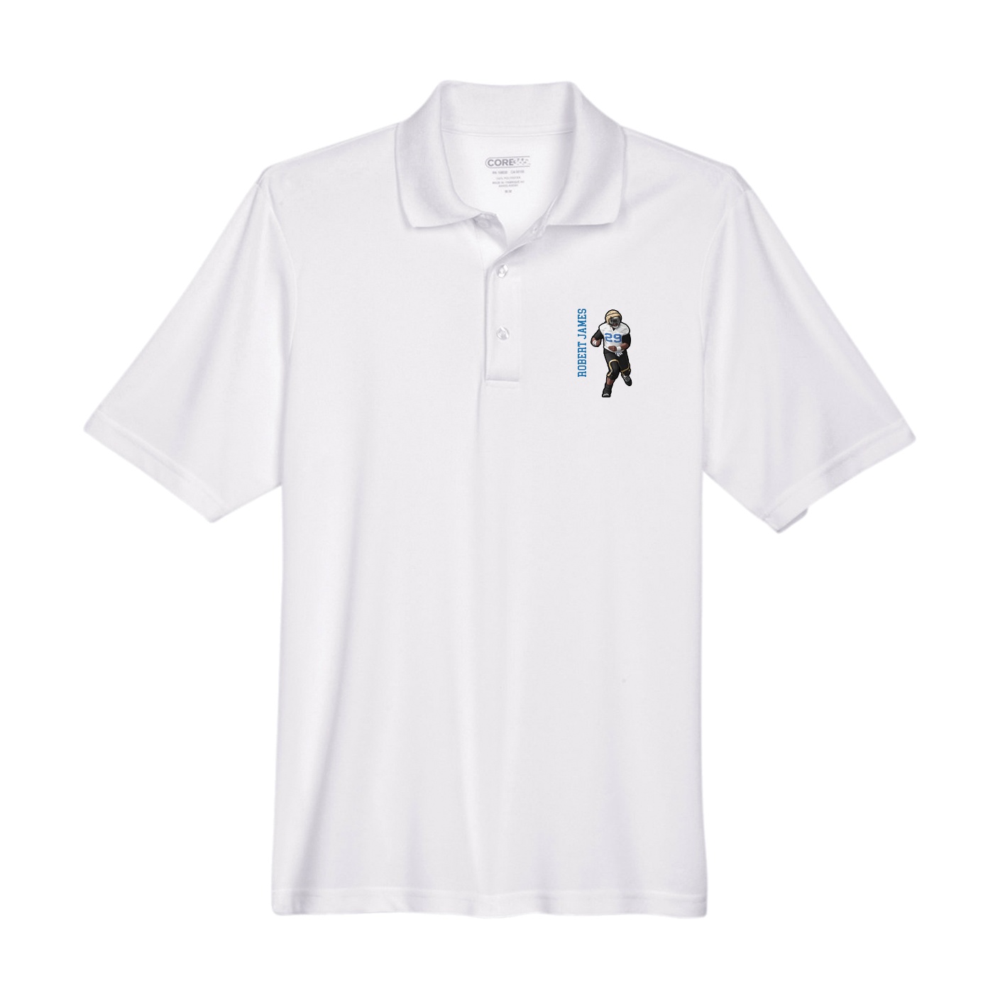 Performance Polo — Name Vertical in White