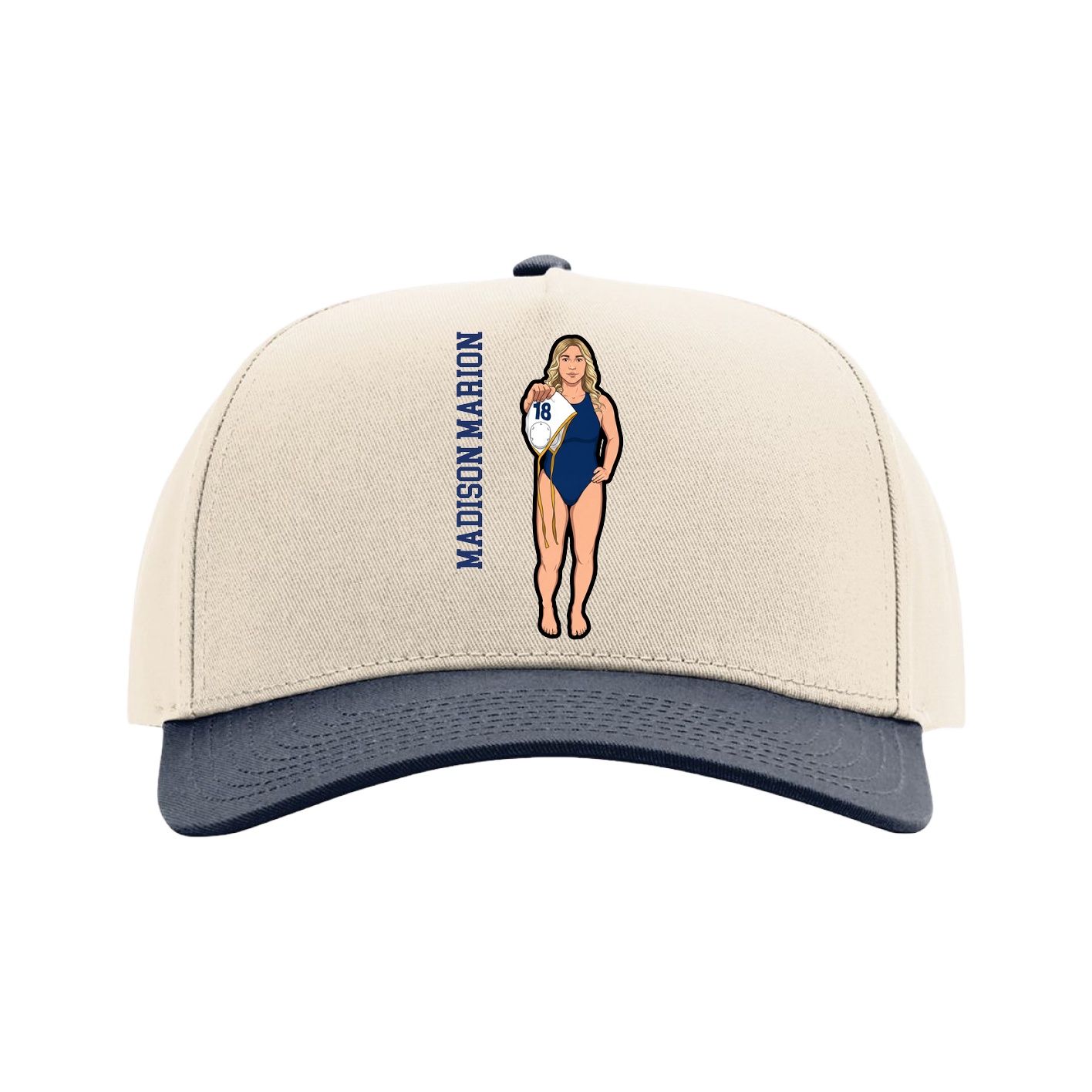 Full Fabric Five-Panel Champ Cap — Name Vertical in Cream/Navy