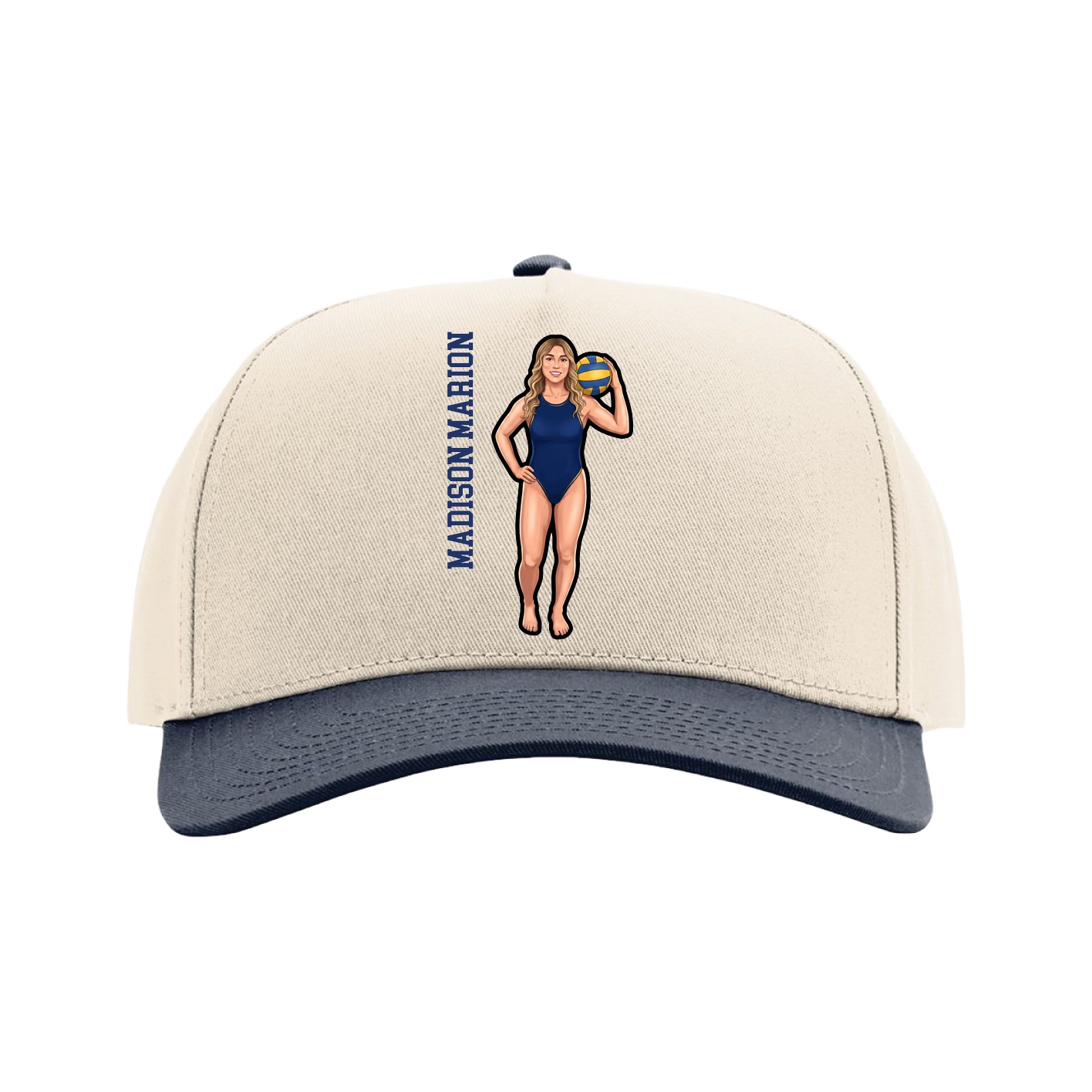 Full Fabric Five-Panel Champ Cap — Name Vertical in Cream/Navy