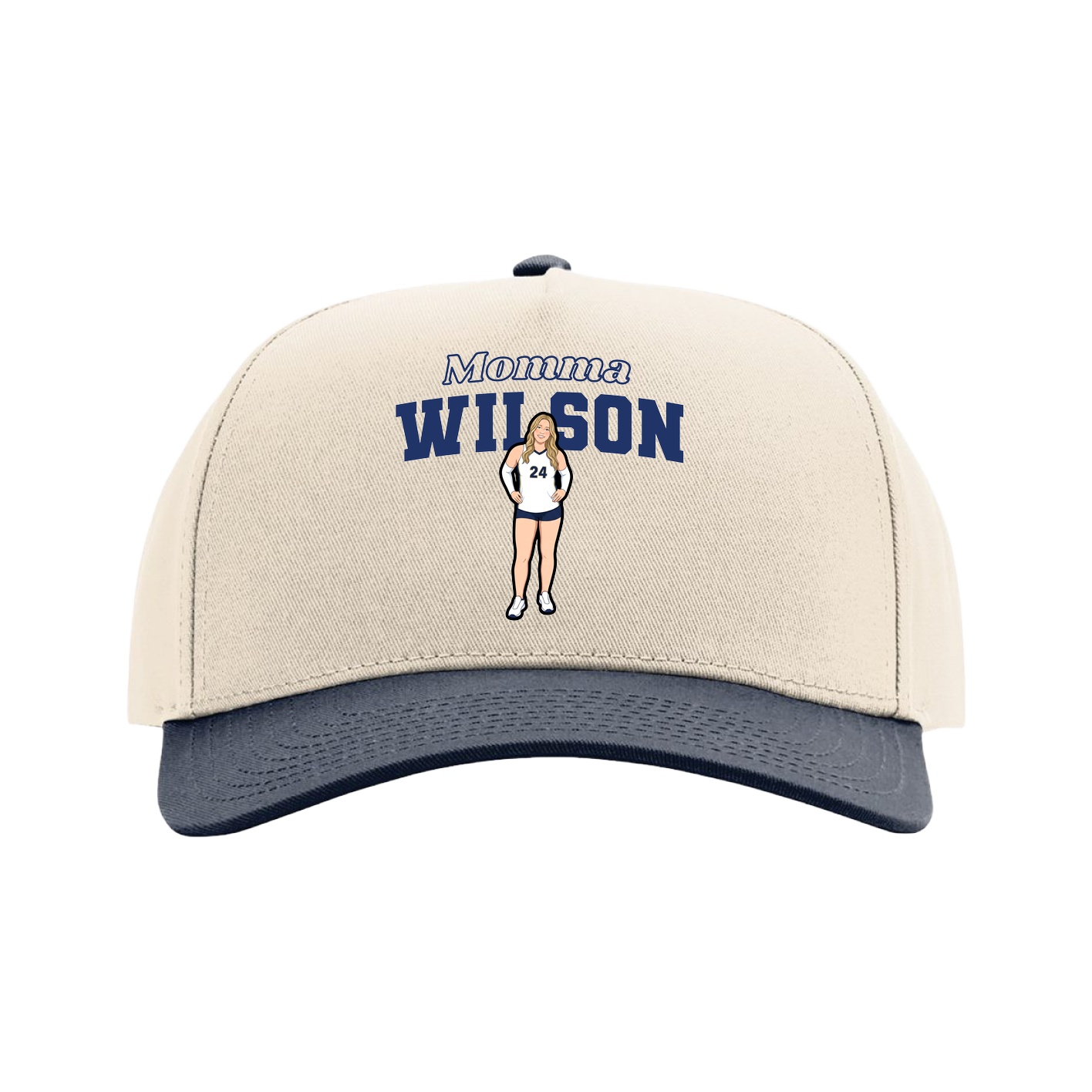 Full Fabric Five-Panel Champ Cap — Mothers Day Block in Cream/Navy