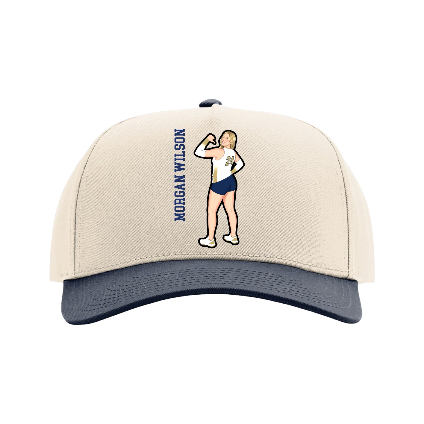 Full Fabric Five-Panel Champ Cap — Name Vertical in Cream/Navy