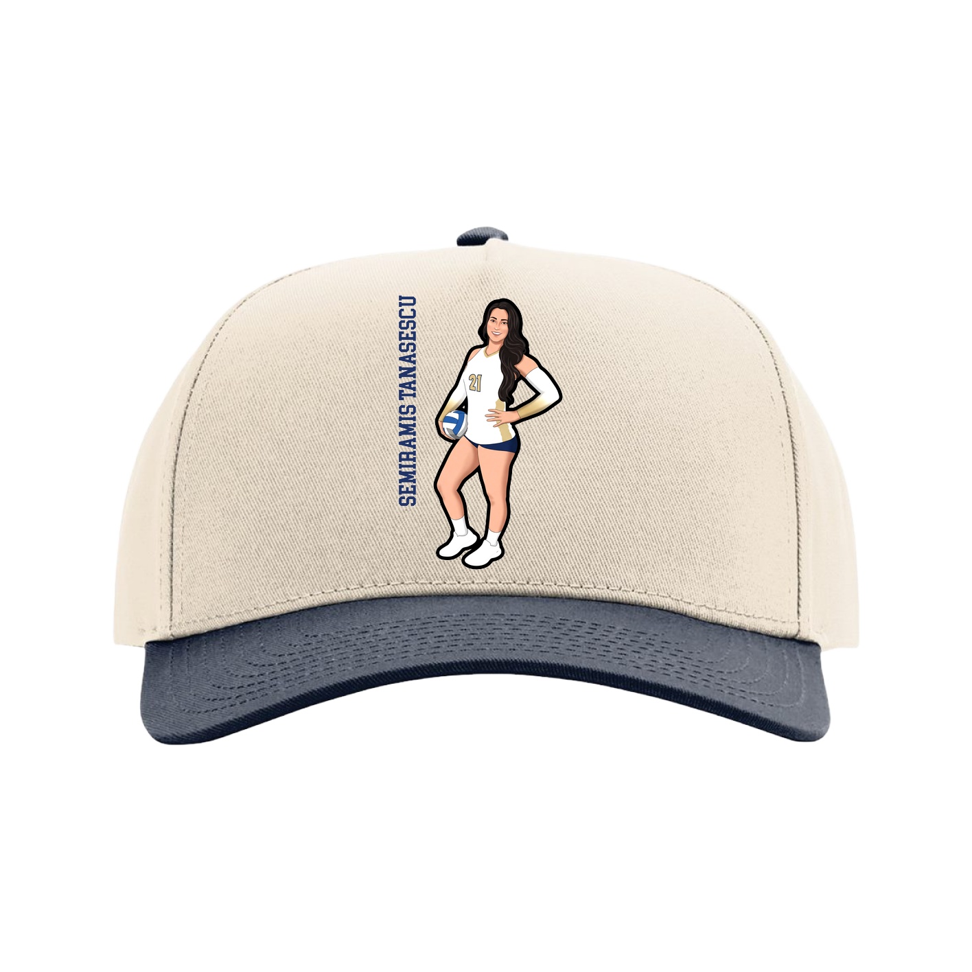 Full Fabric Five-Panel Champ Cap — Name Vertical in Cream/Navy