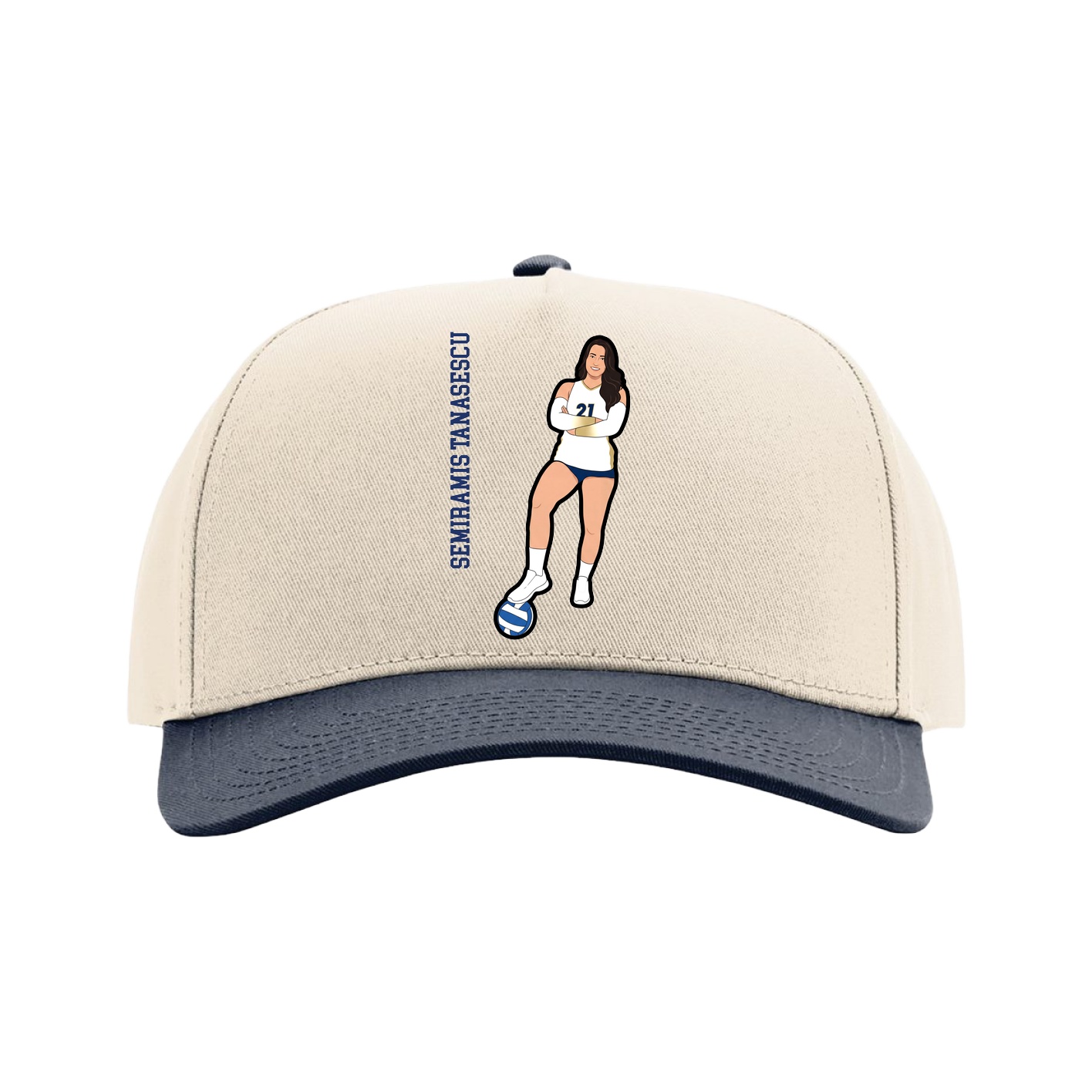 Full Fabric Five-Panel Champ Cap — Name Vertical in Cream/Navy