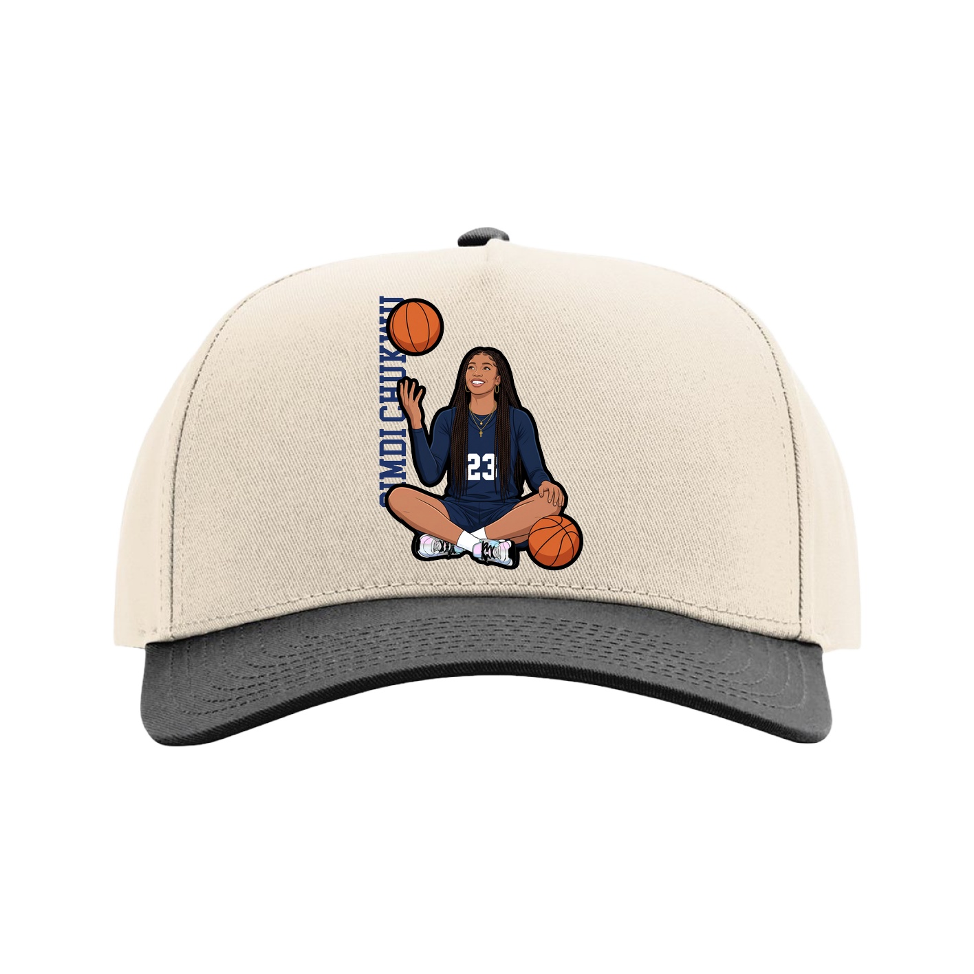 Full Fabric Five-Panel Champ Cap — Name Vertical in Cream/Black