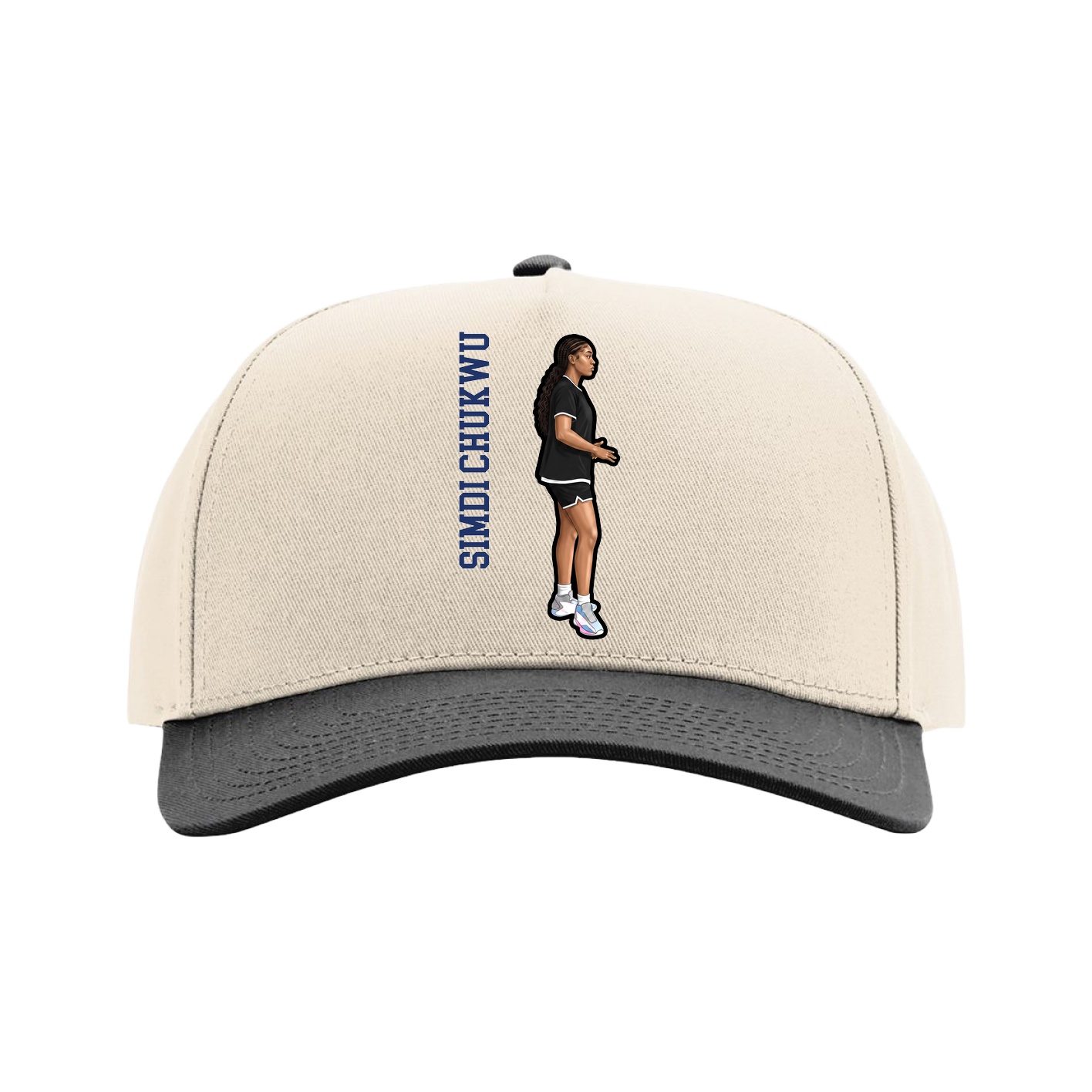 Full Fabric Five-Panel Champ Cap — Name Vertical in Cream/Black