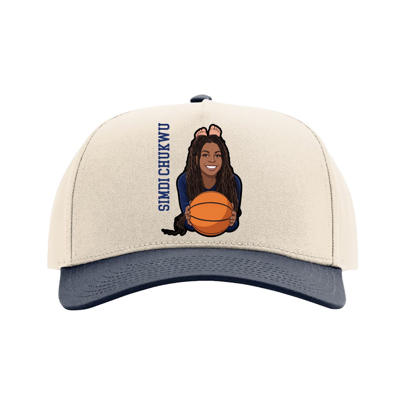 Full Fabric Five-Panel Champ Cap — Name Vertical in Cream/Navy