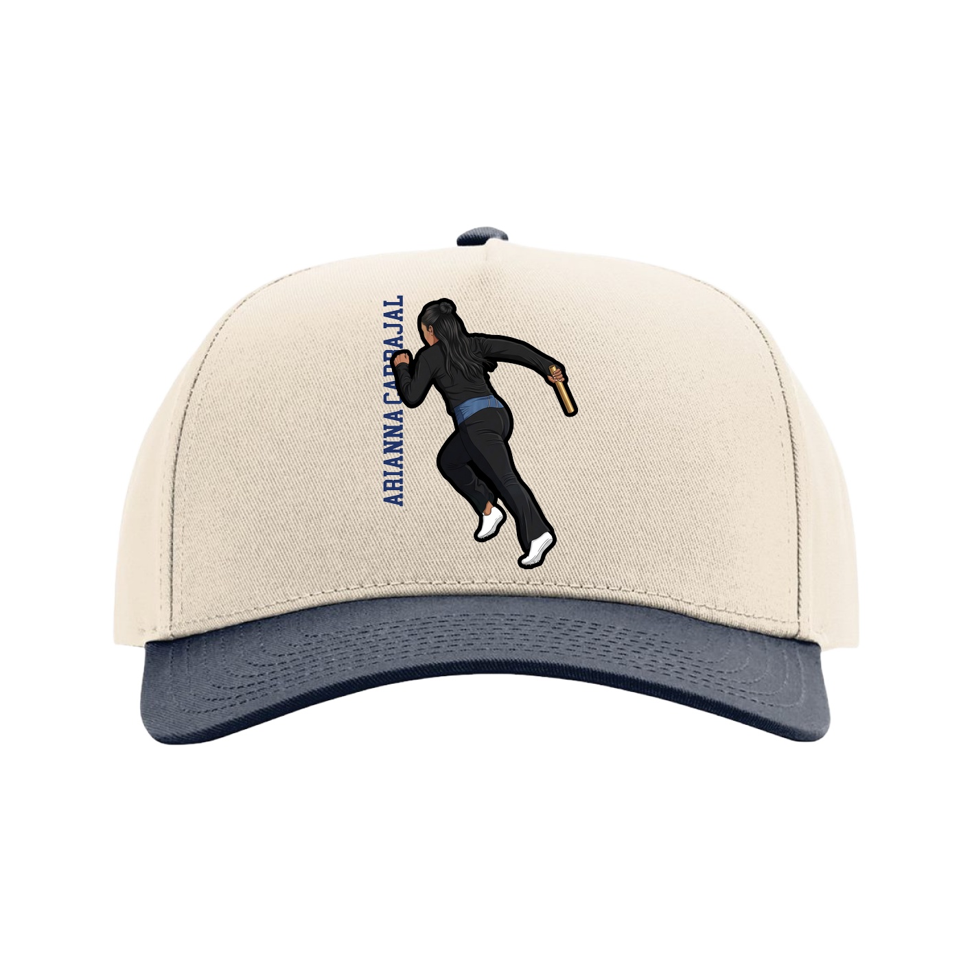 Full Fabric Five-Panel Champ Cap — Name Vertical in Cream/Navy