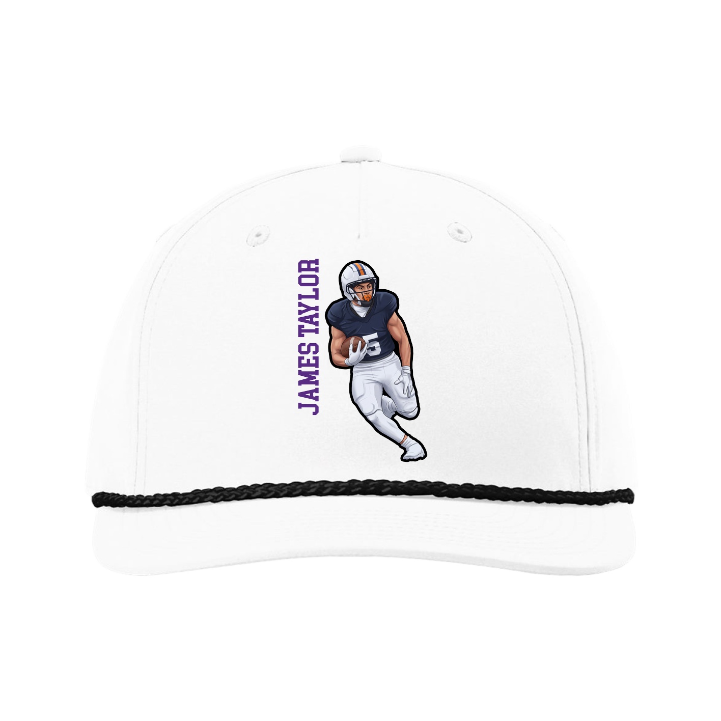 Five-Panel Classic Rope Cap — Name Vertical in White