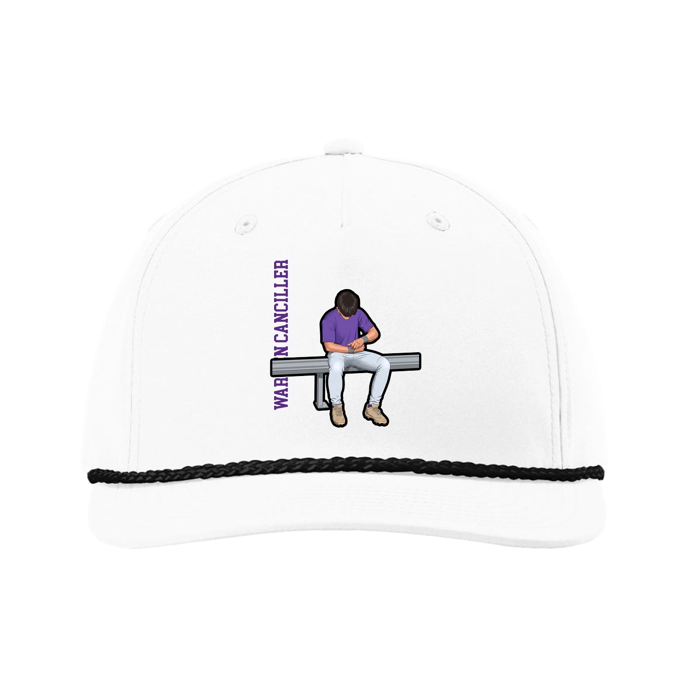 Five-Panel Classic Rope Cap — Name Vertical in White