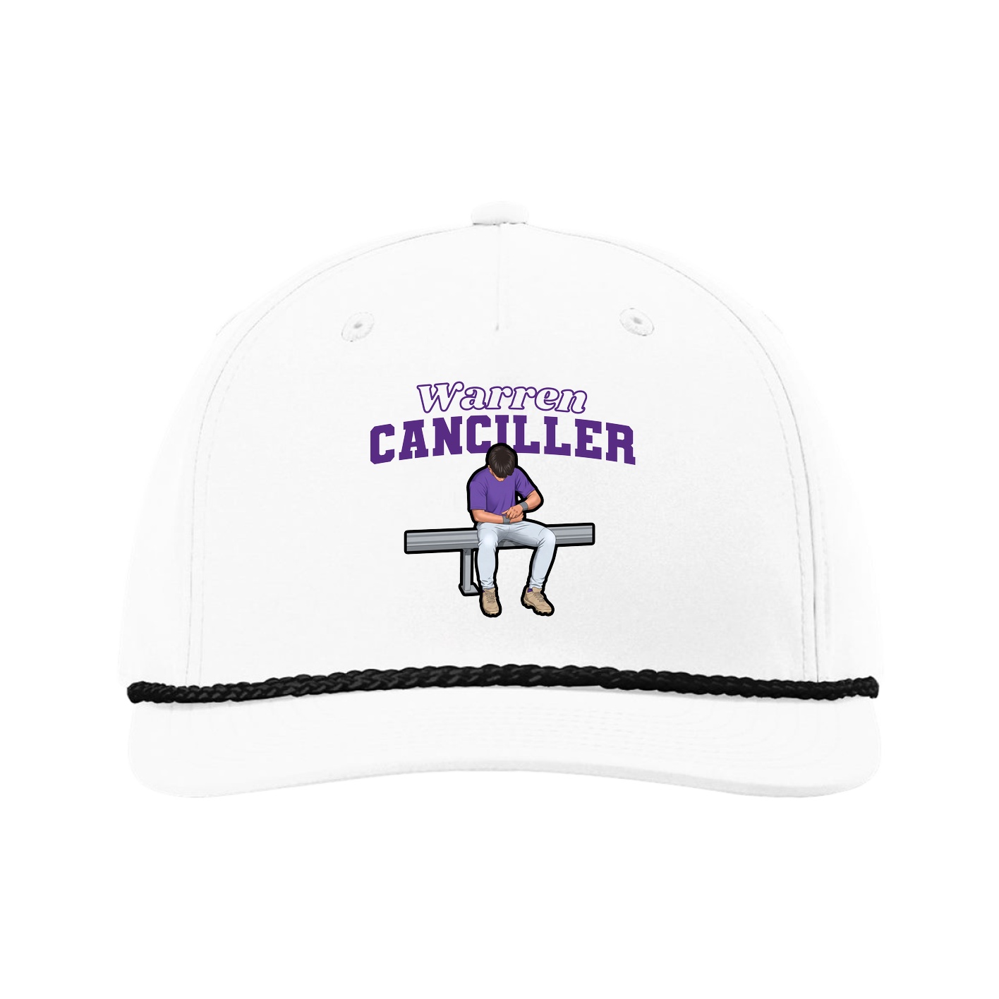 Five-Panel Classic Rope Cap — Name Arch in White