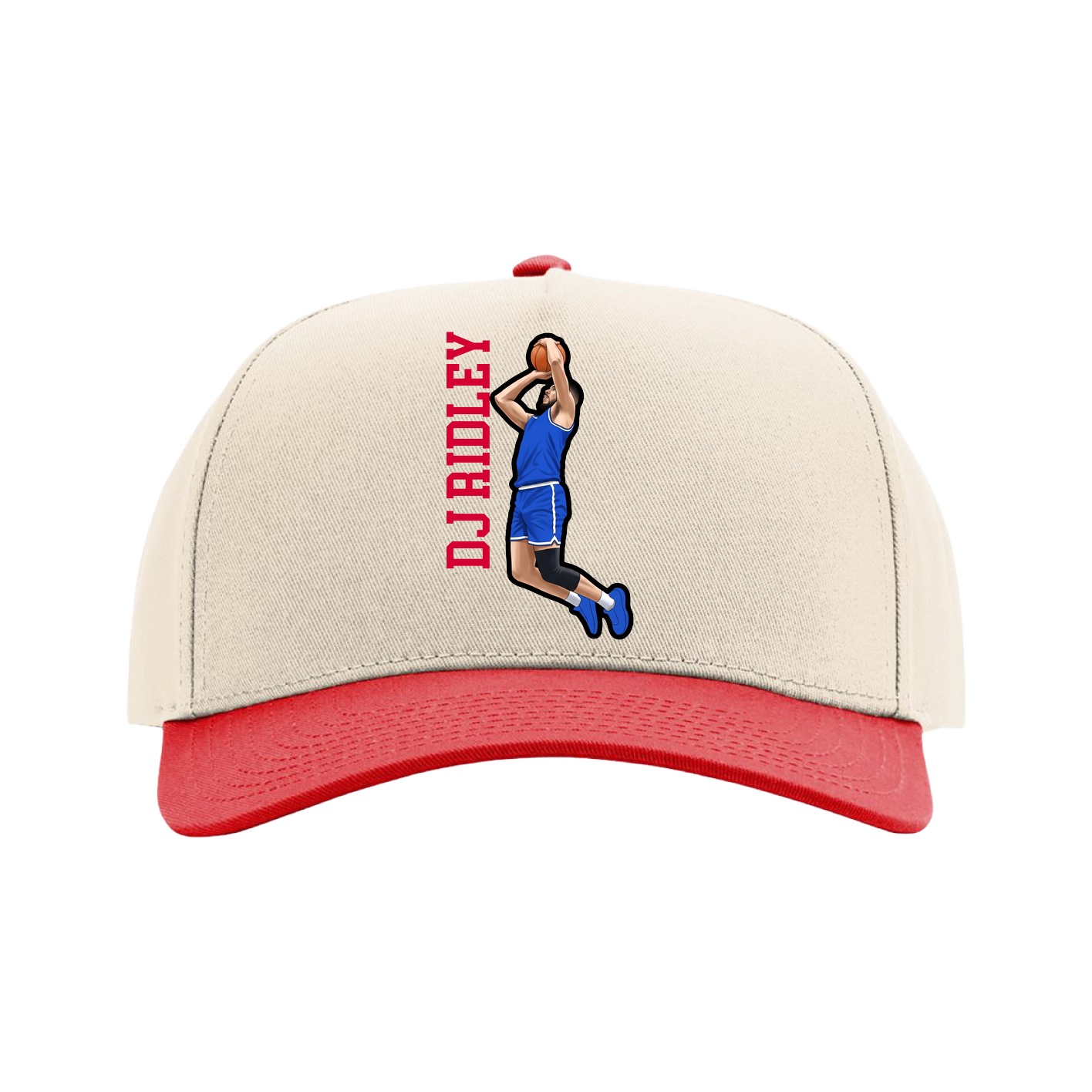 Full Fabric Five-Panel Champ Cap — Name Vertical in Cream/Red