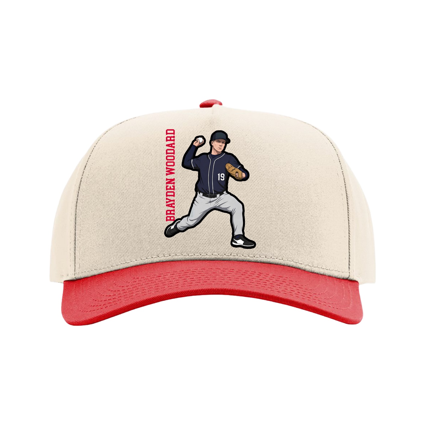 Full Fabric Five-Panel Champ Cap — Name Vertical in Cream/Red