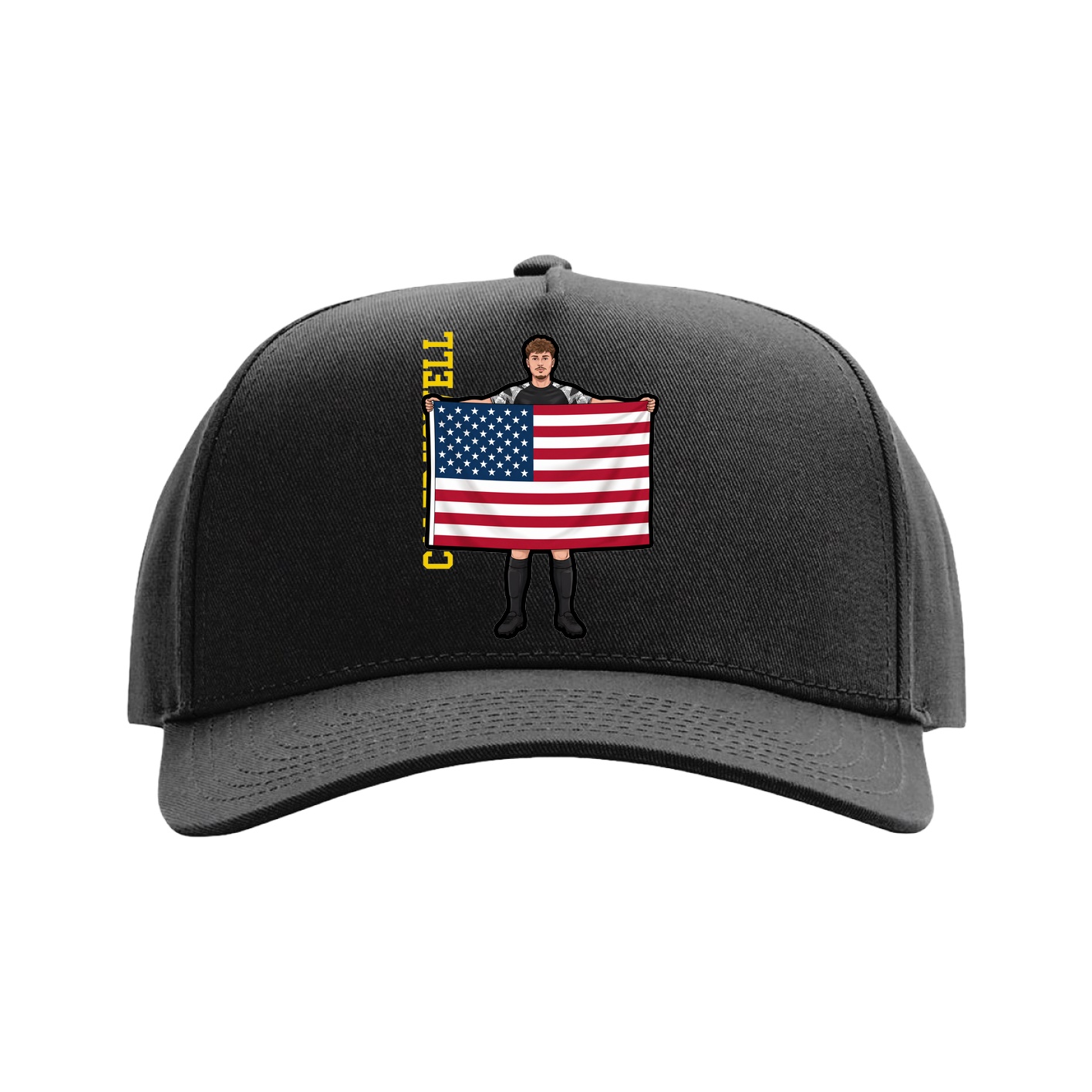 Full Fabric Five-Panel Champ Cap — Name Vertical in Black