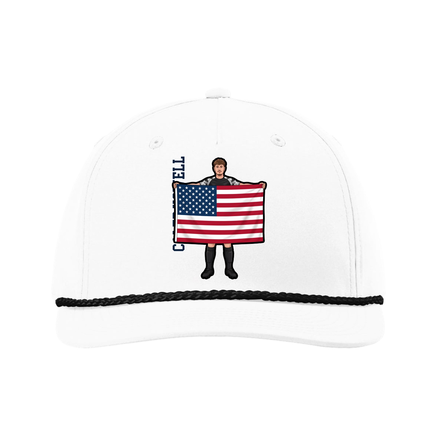 Five-Panel Classic Rope Cap — Name Vertical in White