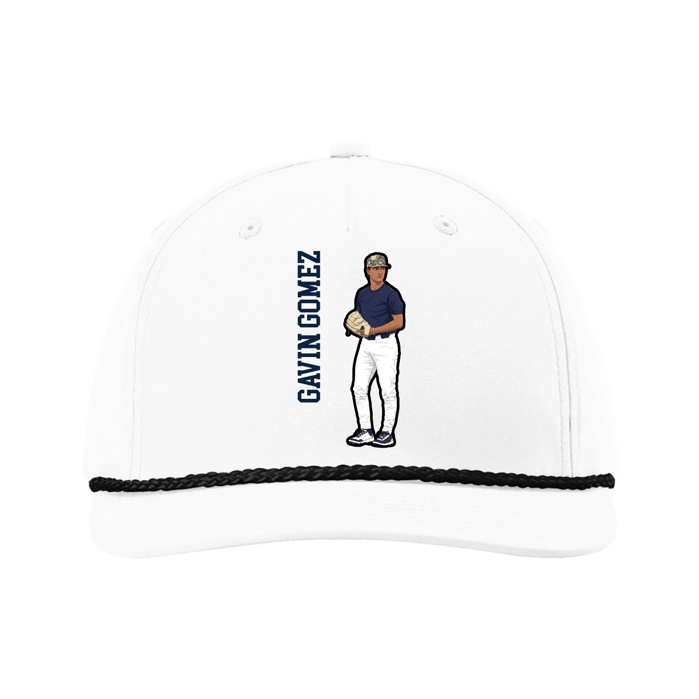 Five-Panel Classic Rope Cap — Name Vertical in White