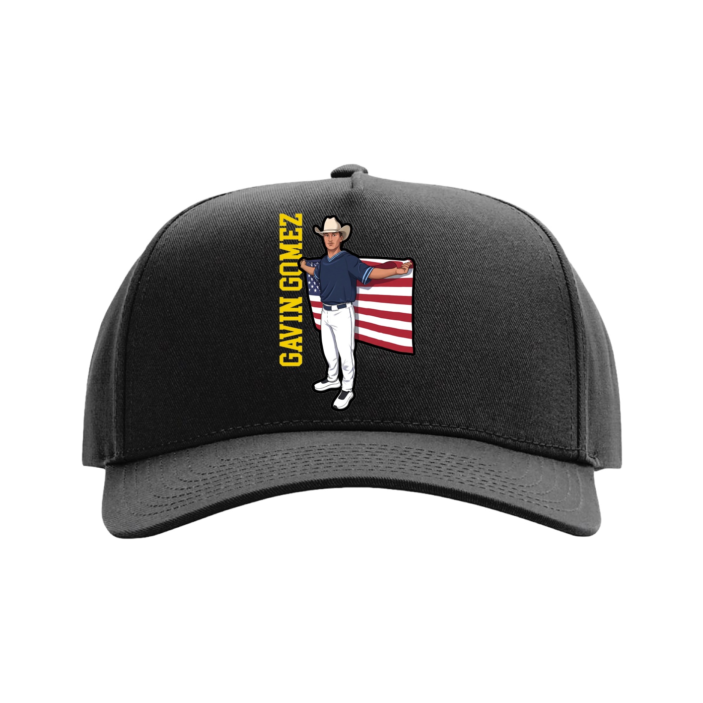 Full Fabric Five-Panel Champ Cap — Name Vertical in Black