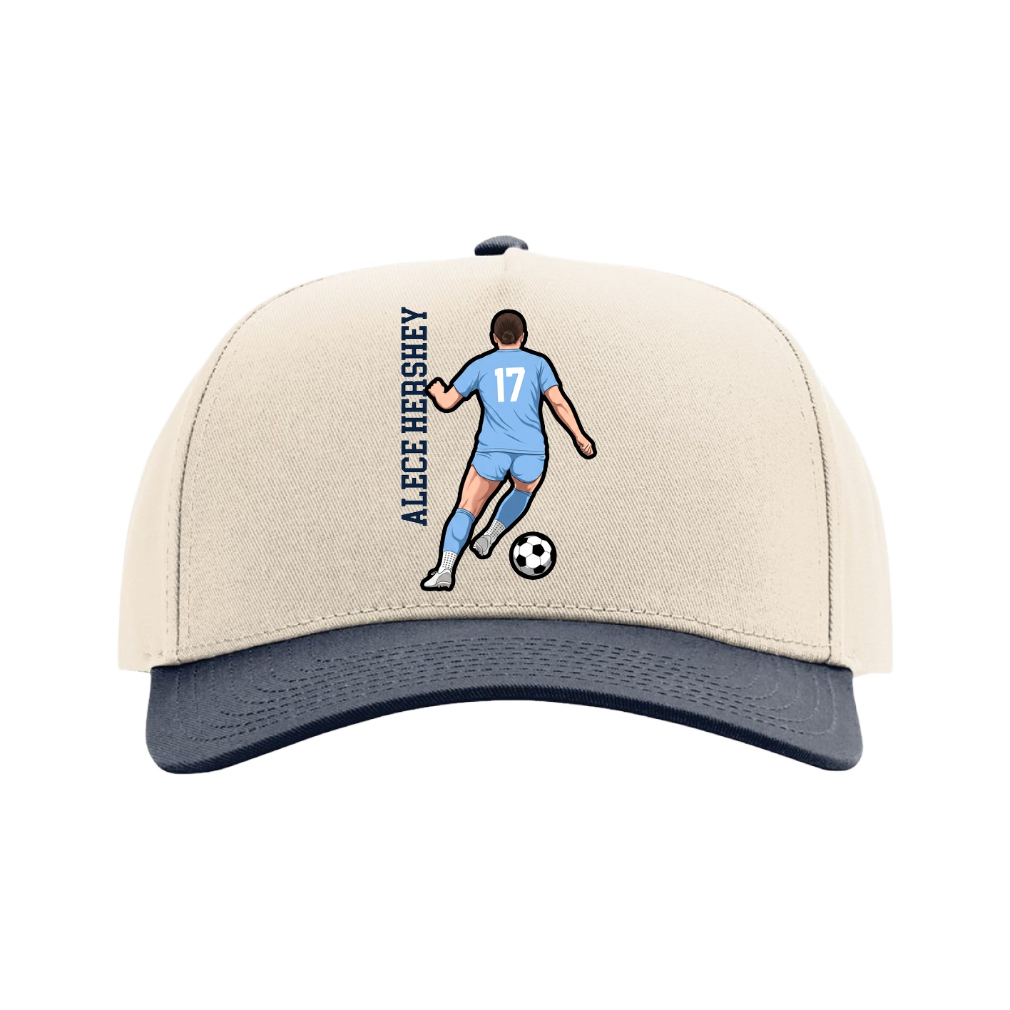 Full Fabric Five-Panel Champ Cap — Name Vertical in Cream/Navy