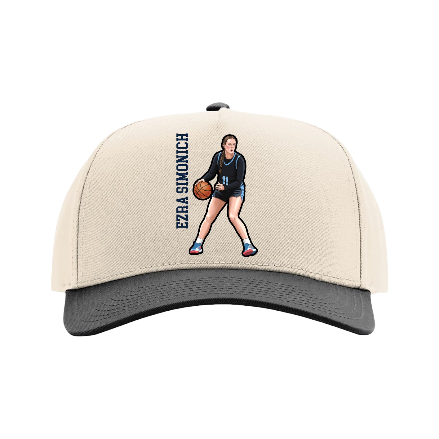 Full Fabric Five-Panel Champ Cap — Name Vertical in Cream/Black