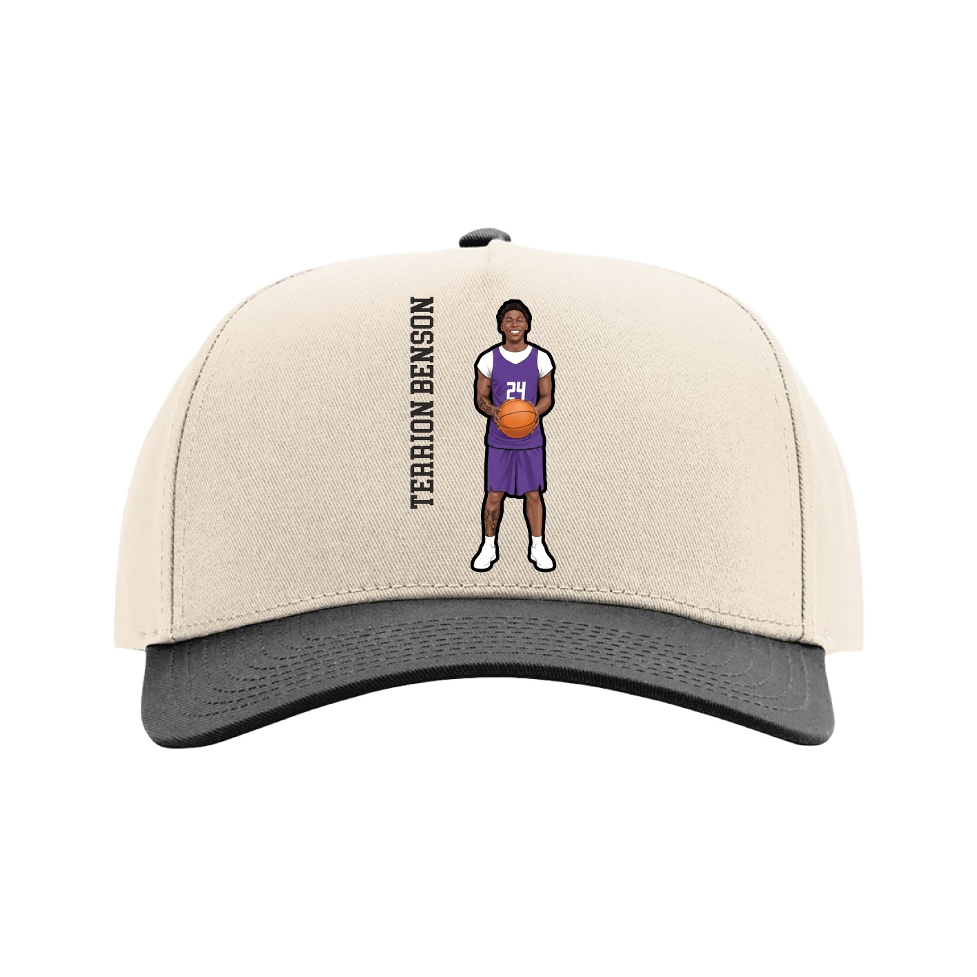 Full Fabric Five-Panel Champ Cap — Name Vertical in Cream/Black