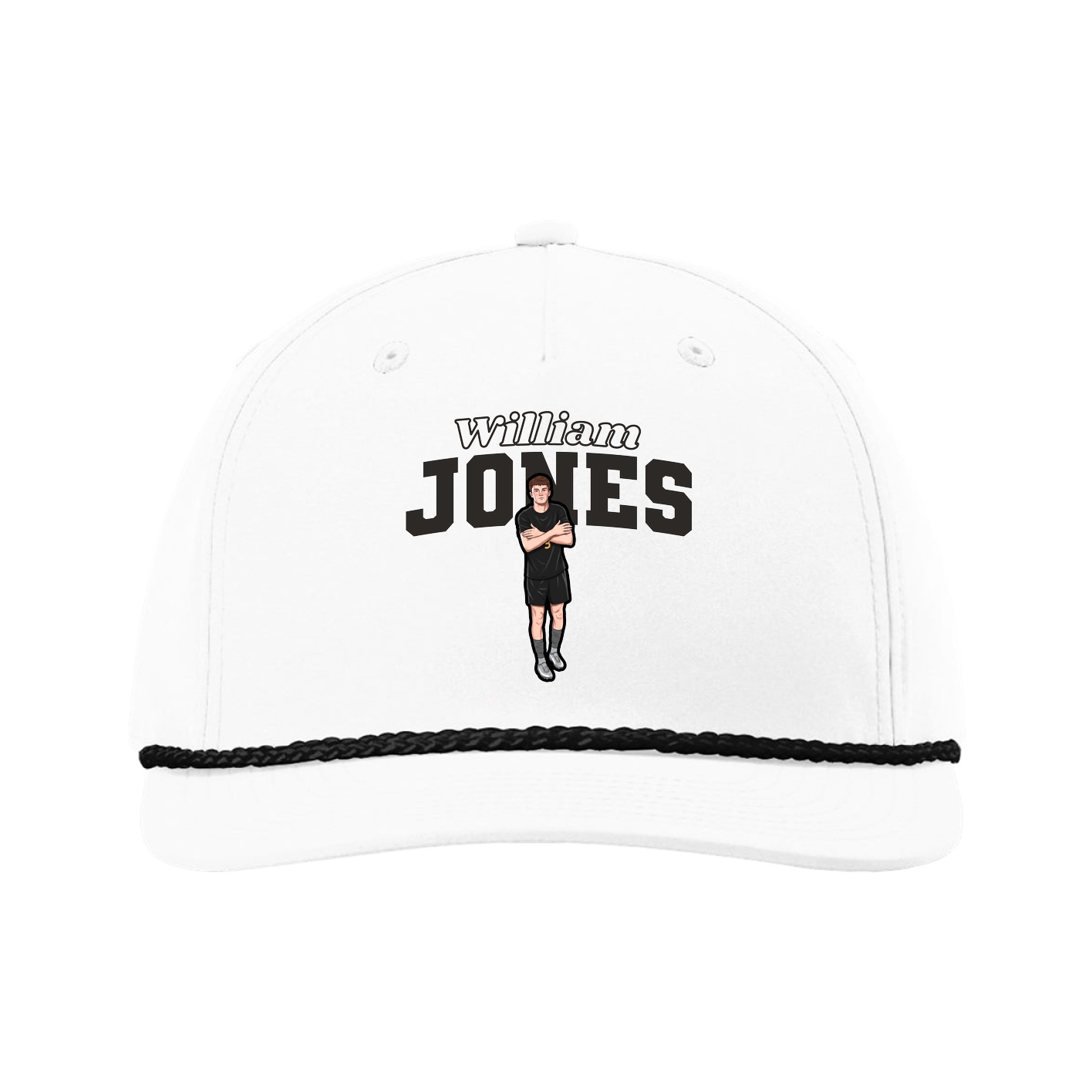 Five-Panel Classic Rope Cap — Name Arch in White