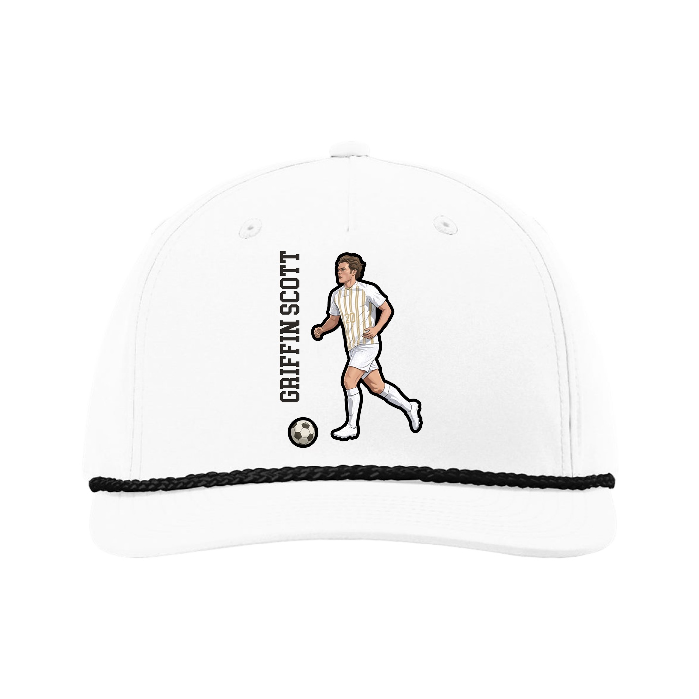 Five-Panel Classic Rope Cap — Name Vertical in White