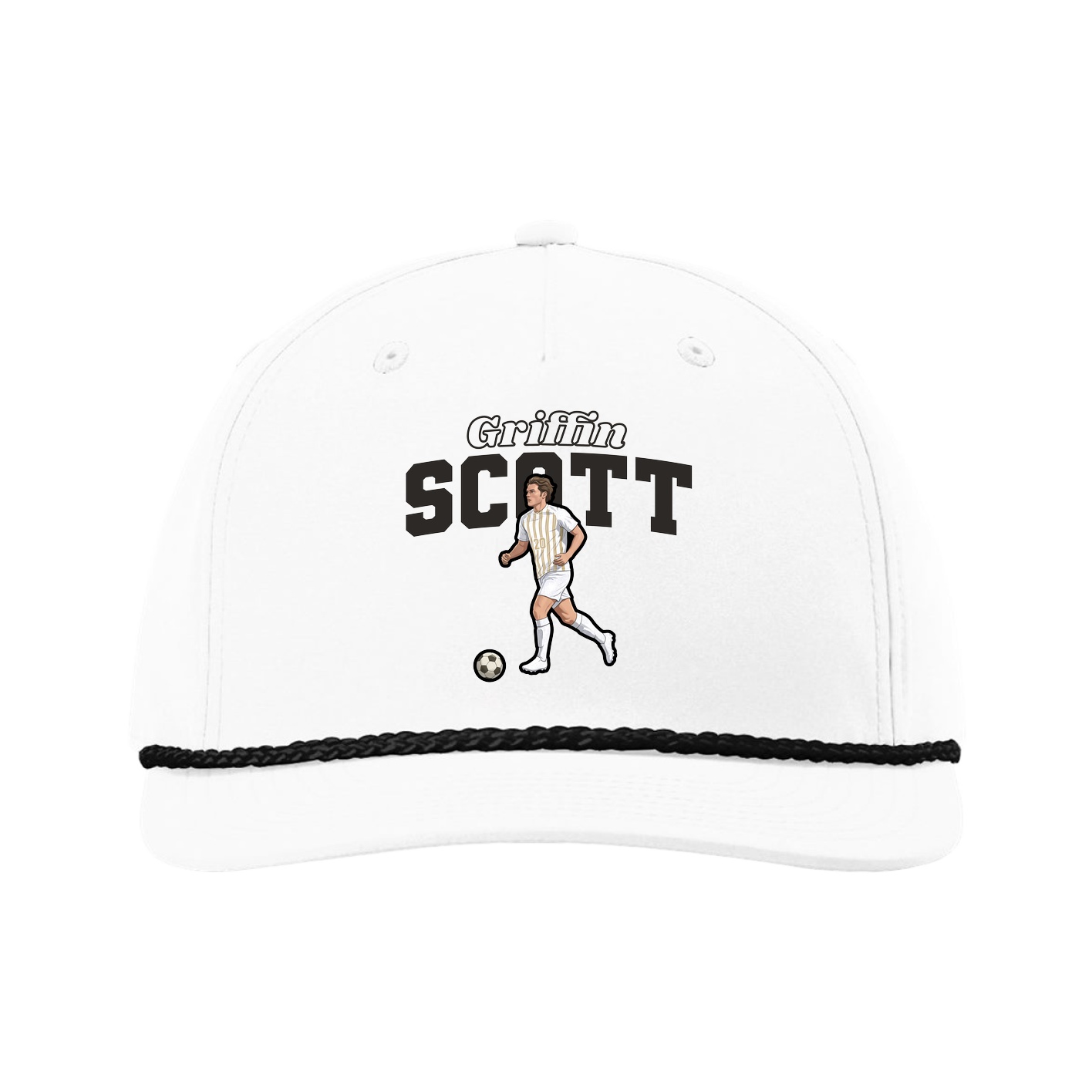 Five-Panel Classic Rope Cap — Name Arch in White