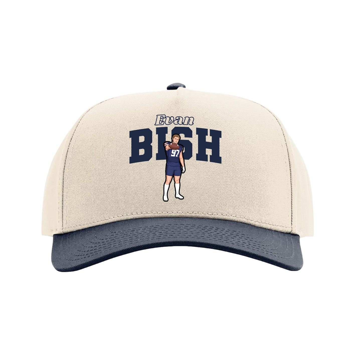 Full Fabric Five-Panel Champ Cap — Name Arch in Cream/Navy