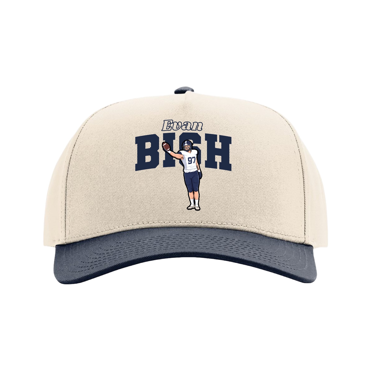 Full Fabric Five-Panel Champ Cap — Name Arch in Cream/Navy