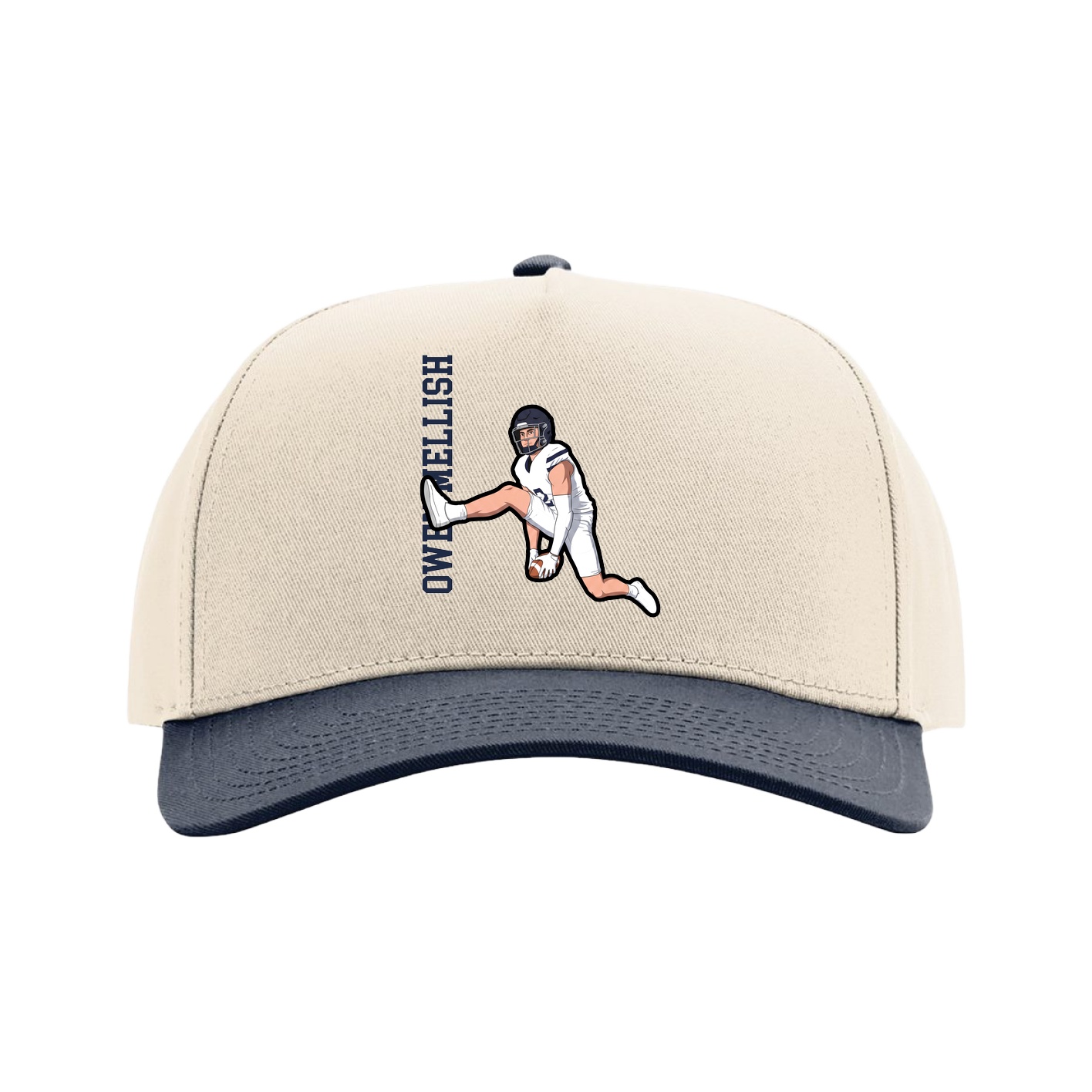 Full Fabric Five-Panel Champ Cap — Name Vertical in Cream/Navy