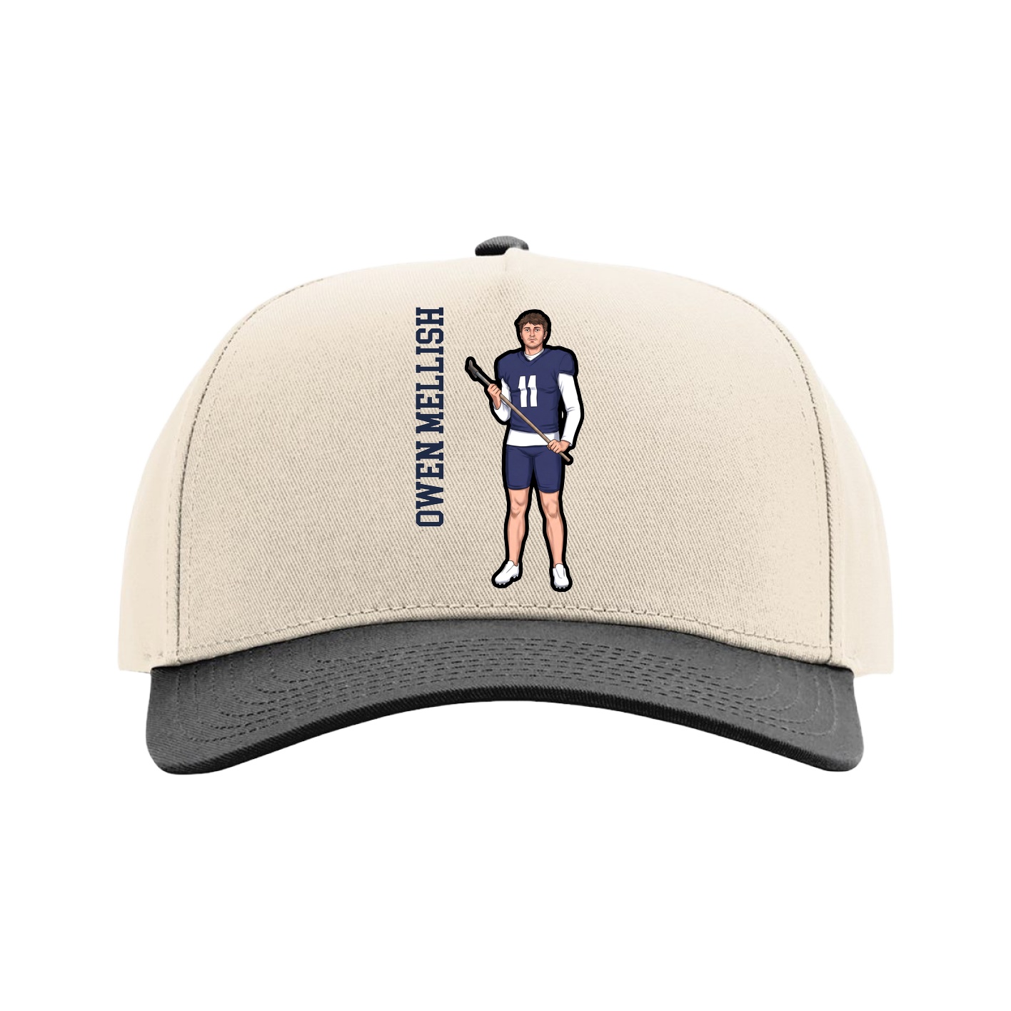 Full Fabric Five-Panel Champ Cap — Name Vertical in Cream/Black