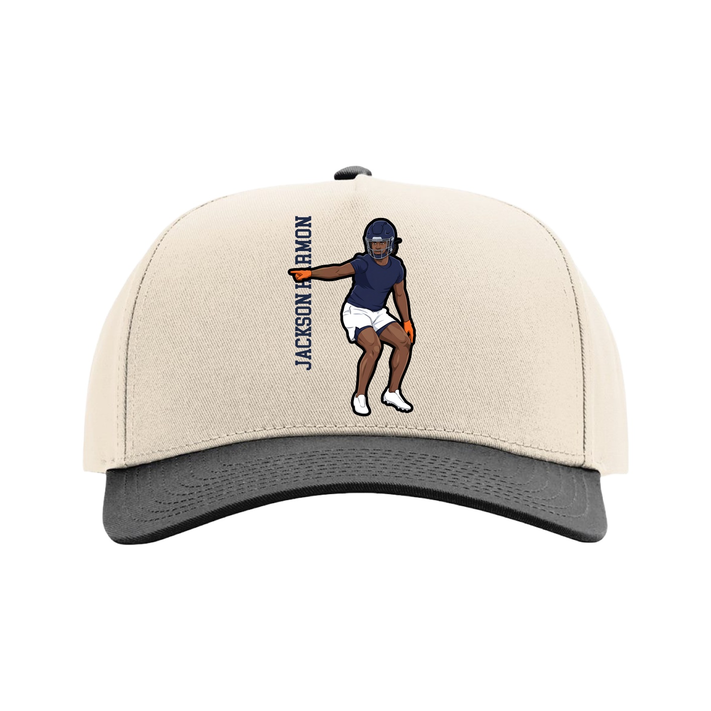 Full Fabric Five-Panel Champ Cap — Name Vertical in Cream/Black