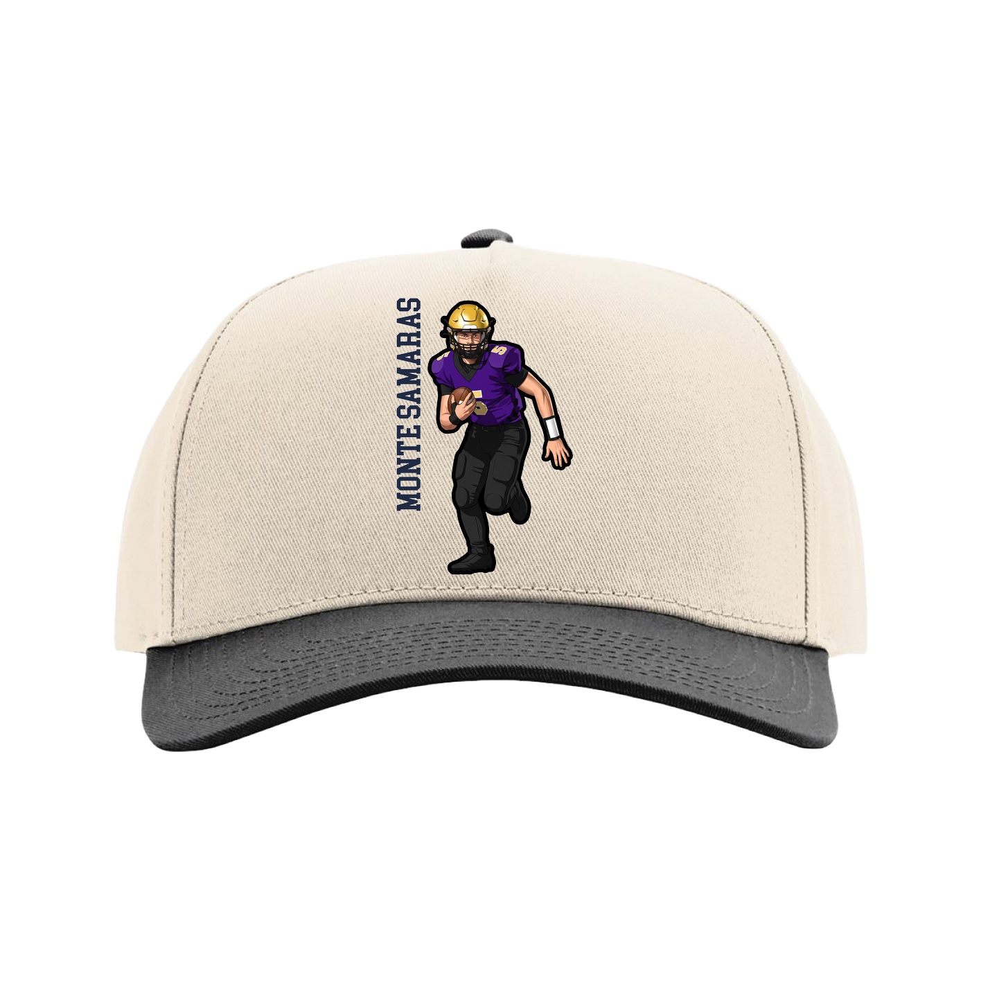Full Fabric Five-Panel Champ Cap — Name Vertical in Cream/Black