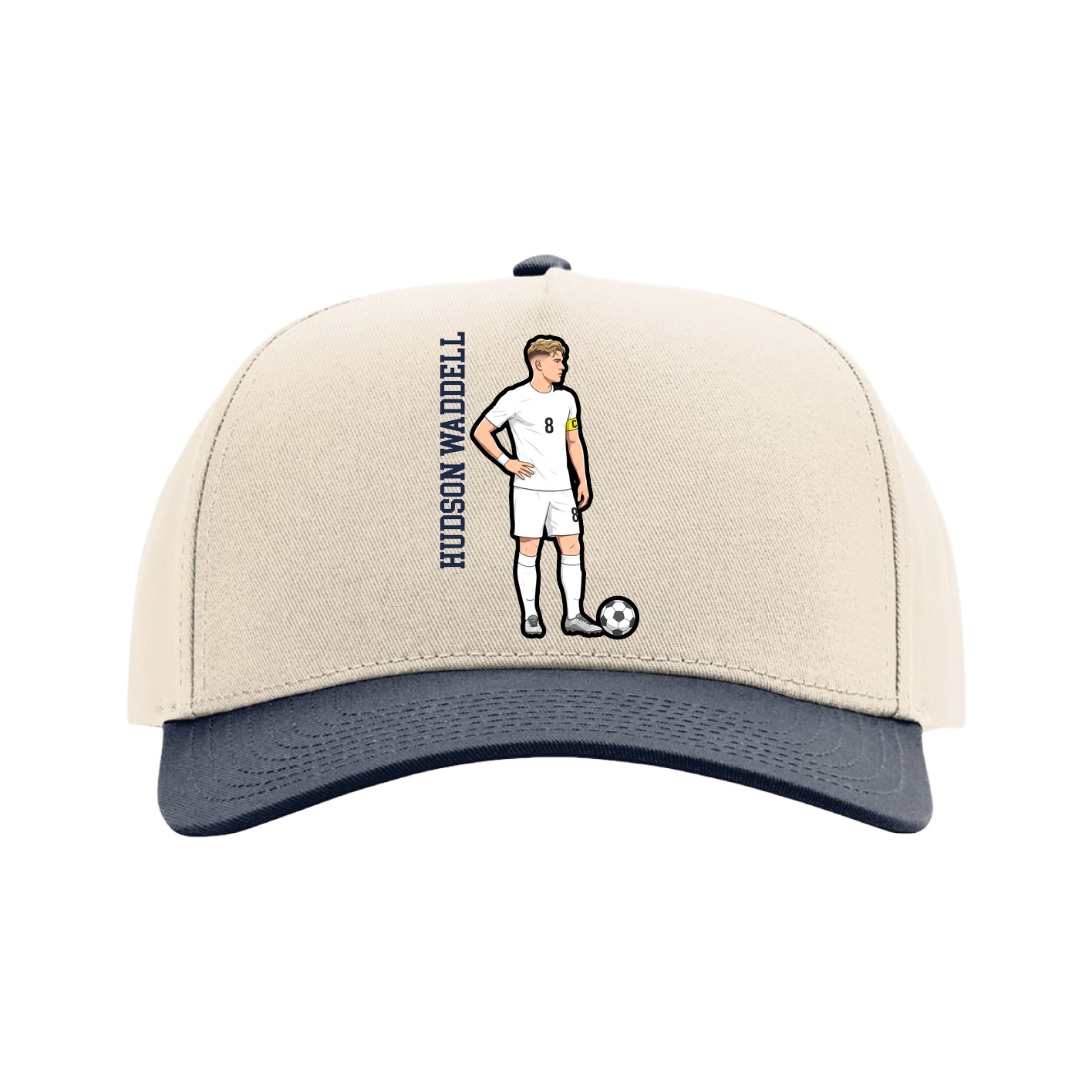 Full Fabric Five-Panel Champ Cap — Name Vertical in Cream/Navy