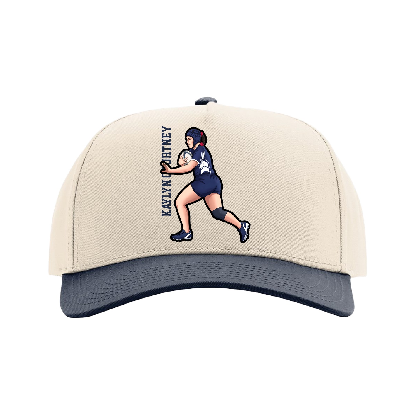 Full Fabric Five-Panel Champ Cap — Name Vertical in Cream/Navy
