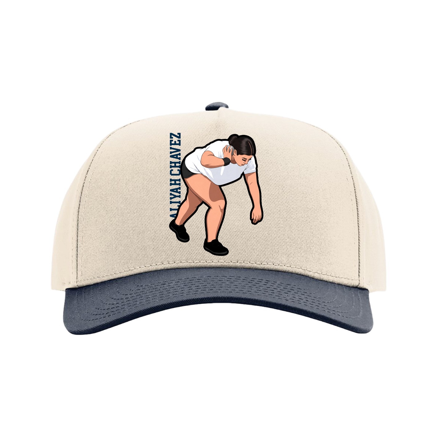 Full Fabric Five-Panel Champ Cap — Name Vertical in Cream/Navy