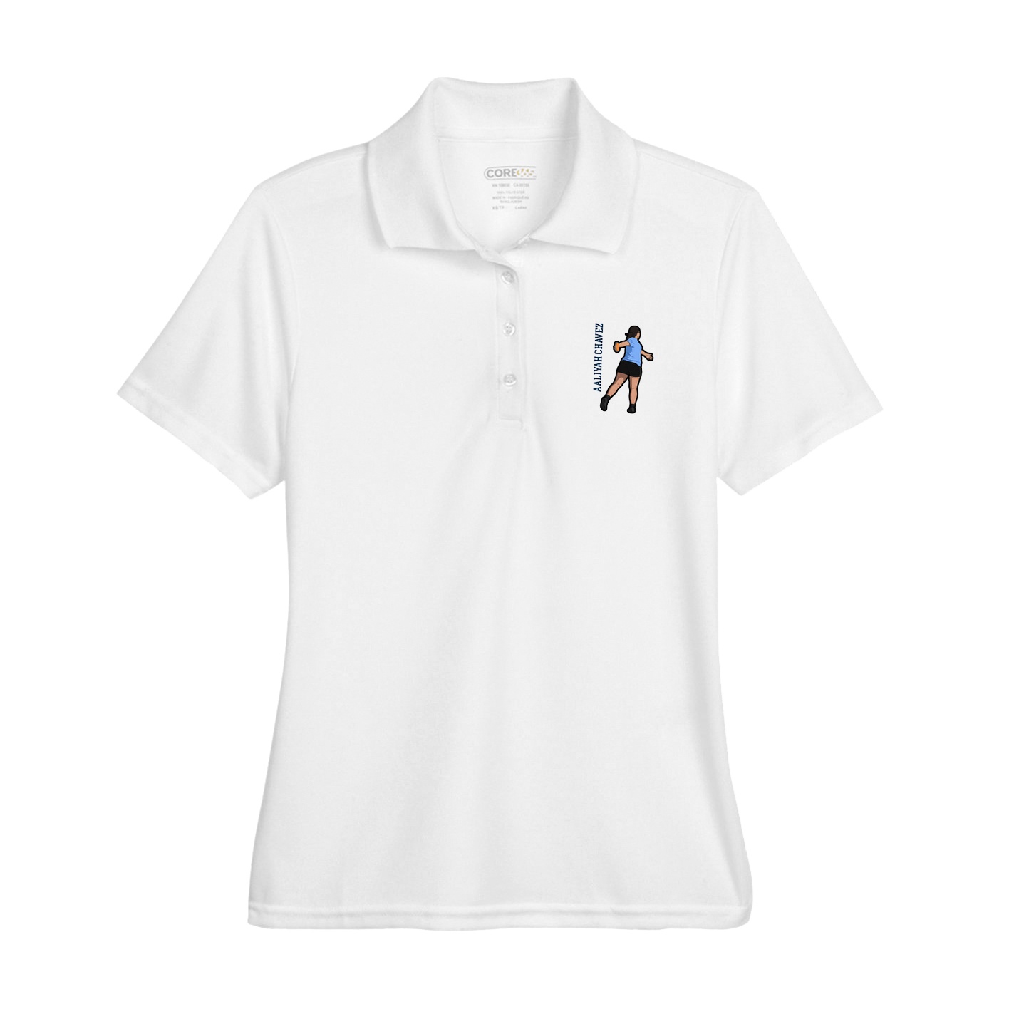 Womens Performance Polo — Name Vertical in White