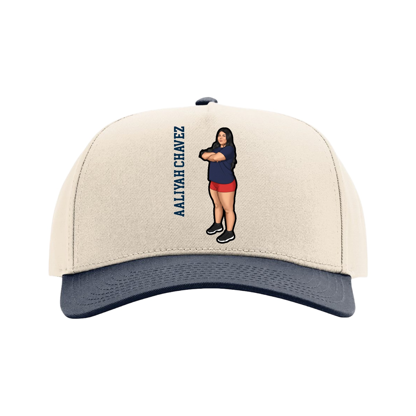 Full Fabric Five-Panel Champ Cap — Name Vertical in Cream/Navy