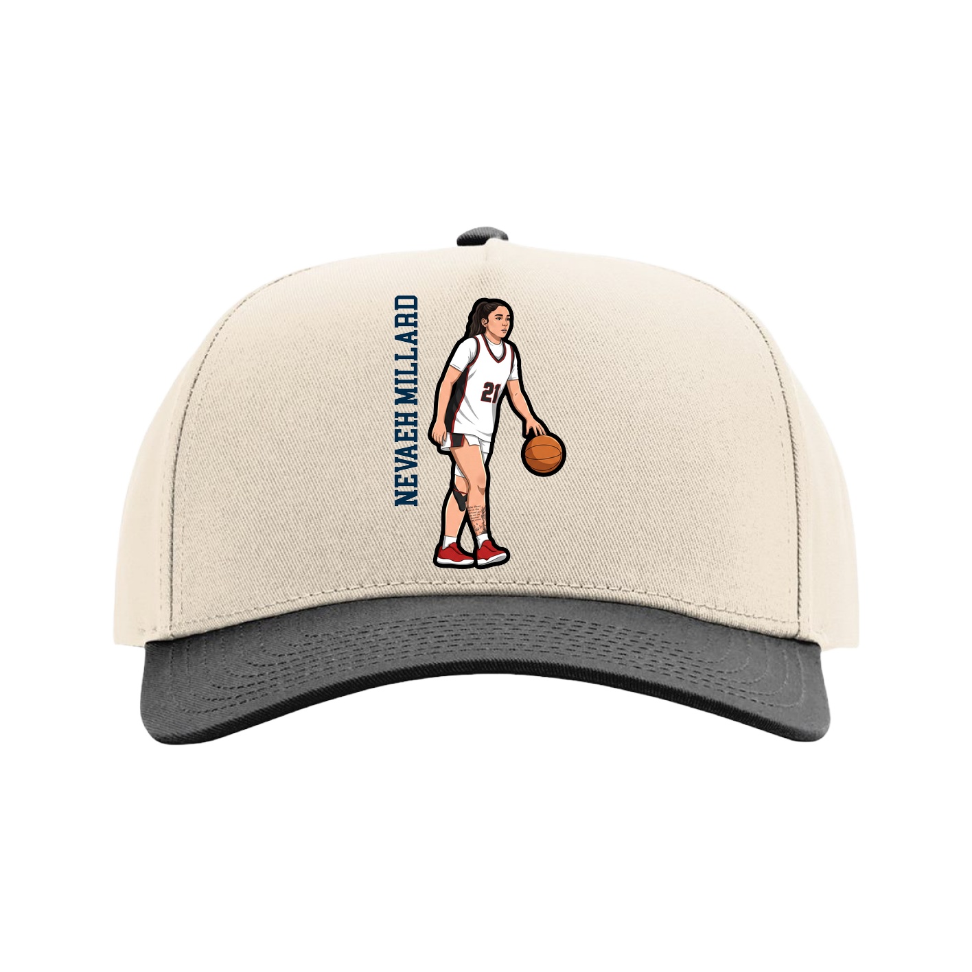 Full Fabric Five-Panel Champ Cap — Name Vertical in Cream/Black