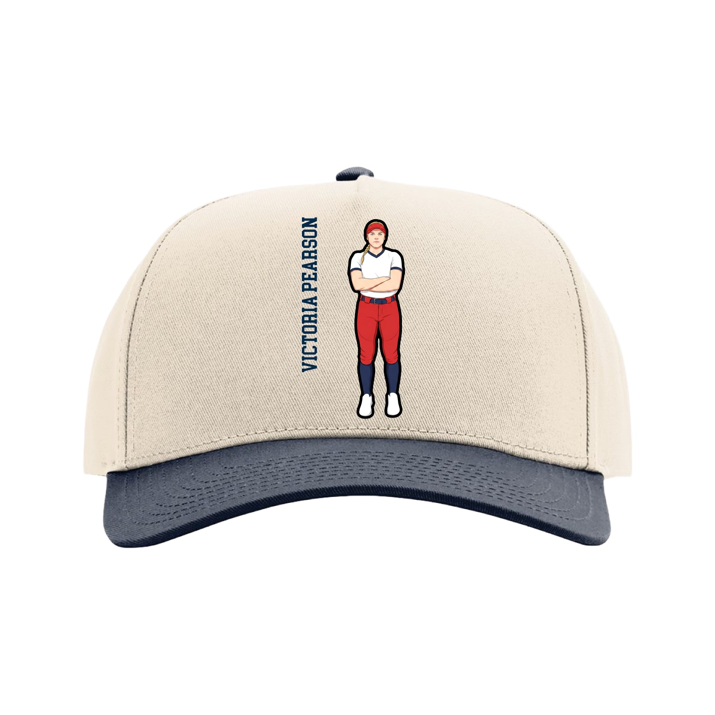 Full Fabric Five-Panel Champ Cap — Name Vertical in Cream/Navy