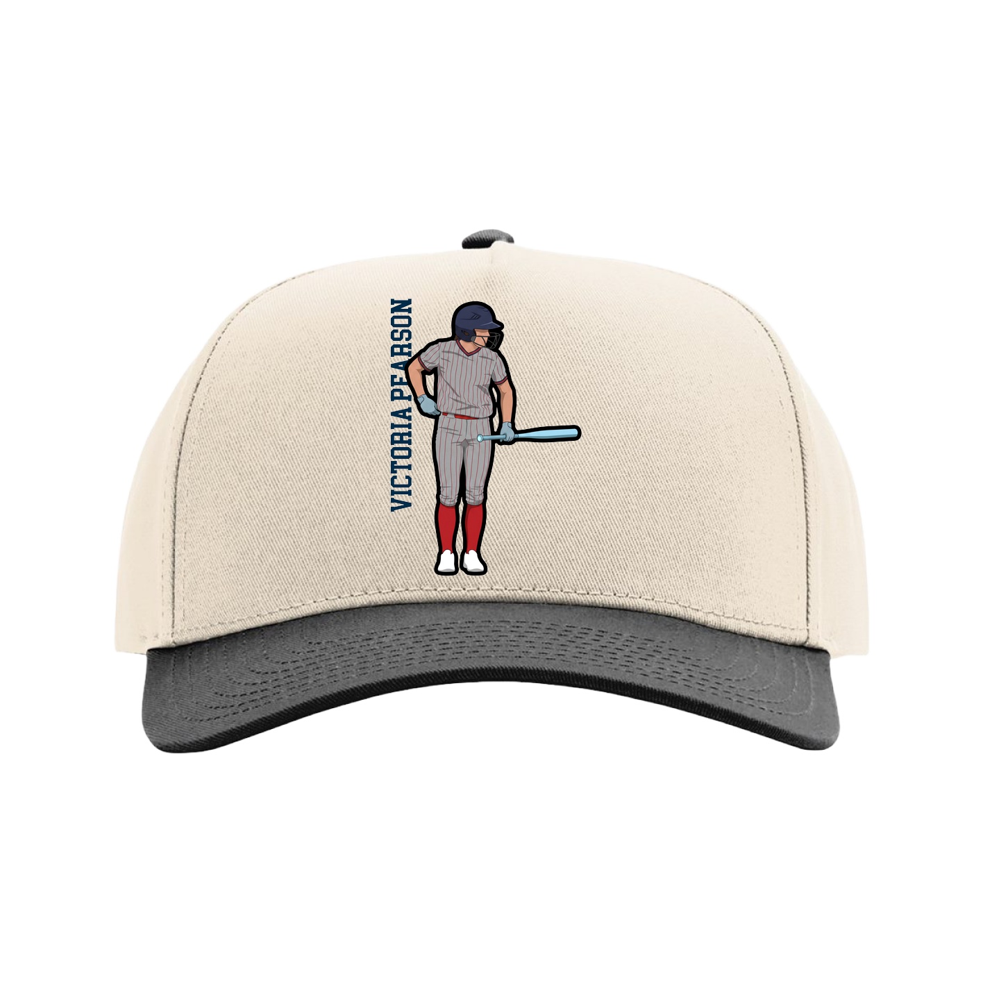 Full Fabric Five-Panel Champ Cap — Name Vertical in Cream/Black