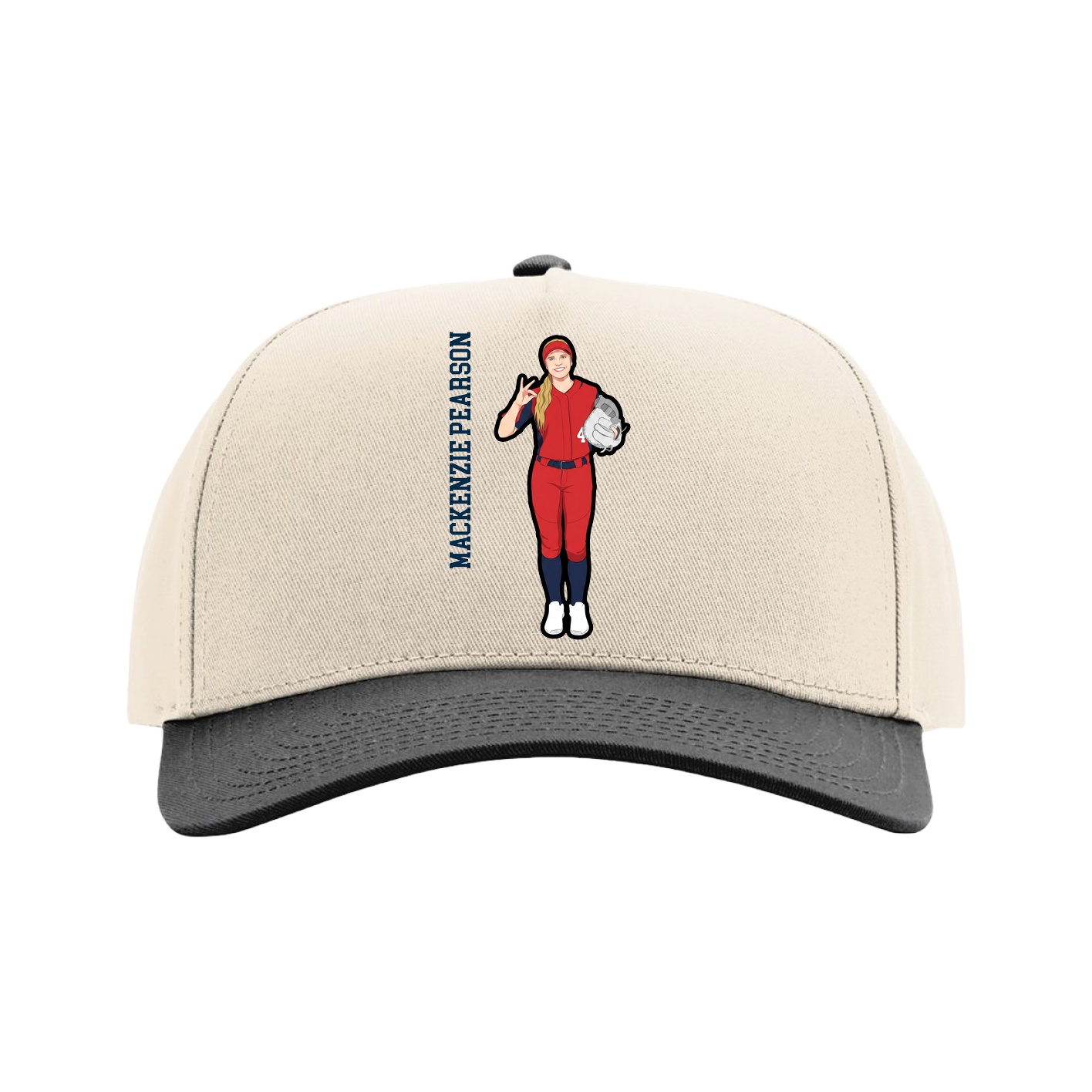 Full Fabric Five-Panel Champ Cap — Name Vertical in Cream/Black