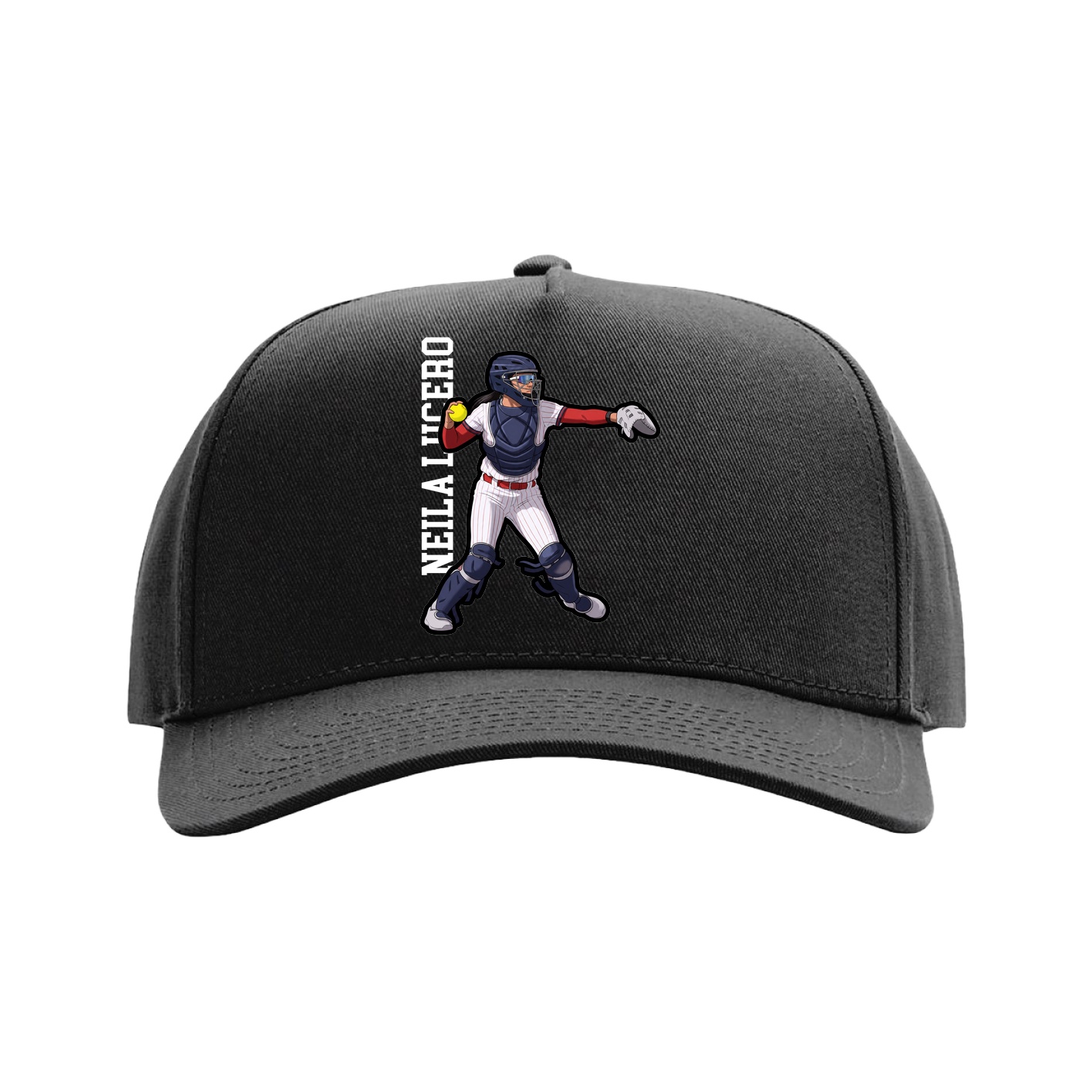Full Fabric Five-Panel Champ Cap — Name Vertical in Black