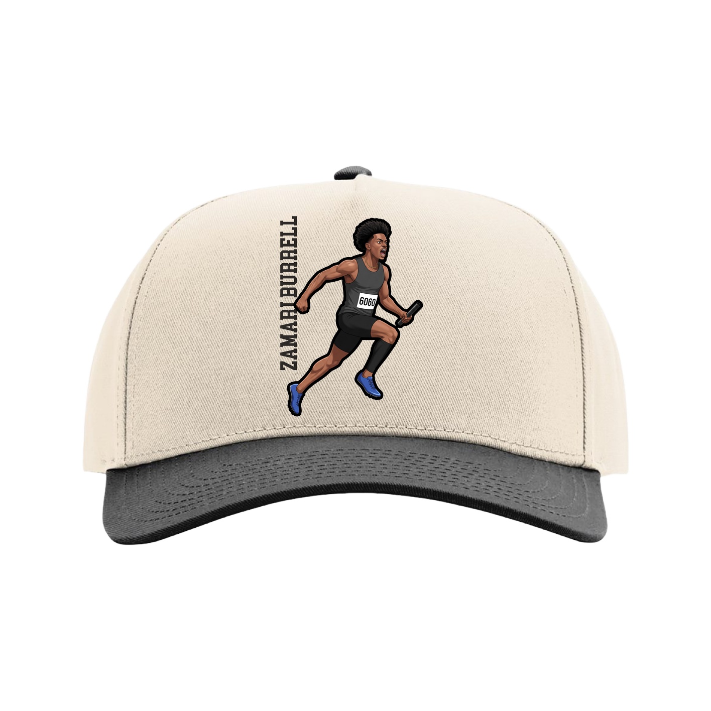 Full Fabric Five-Panel Champ Cap — Name Vertical in Cream/Black