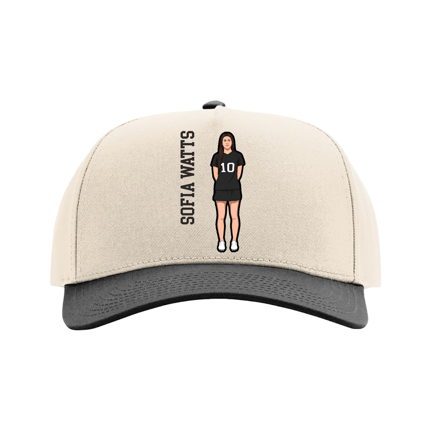 Full Fabric Five-Panel Champ Cap — Name Vertical in Cream/Black