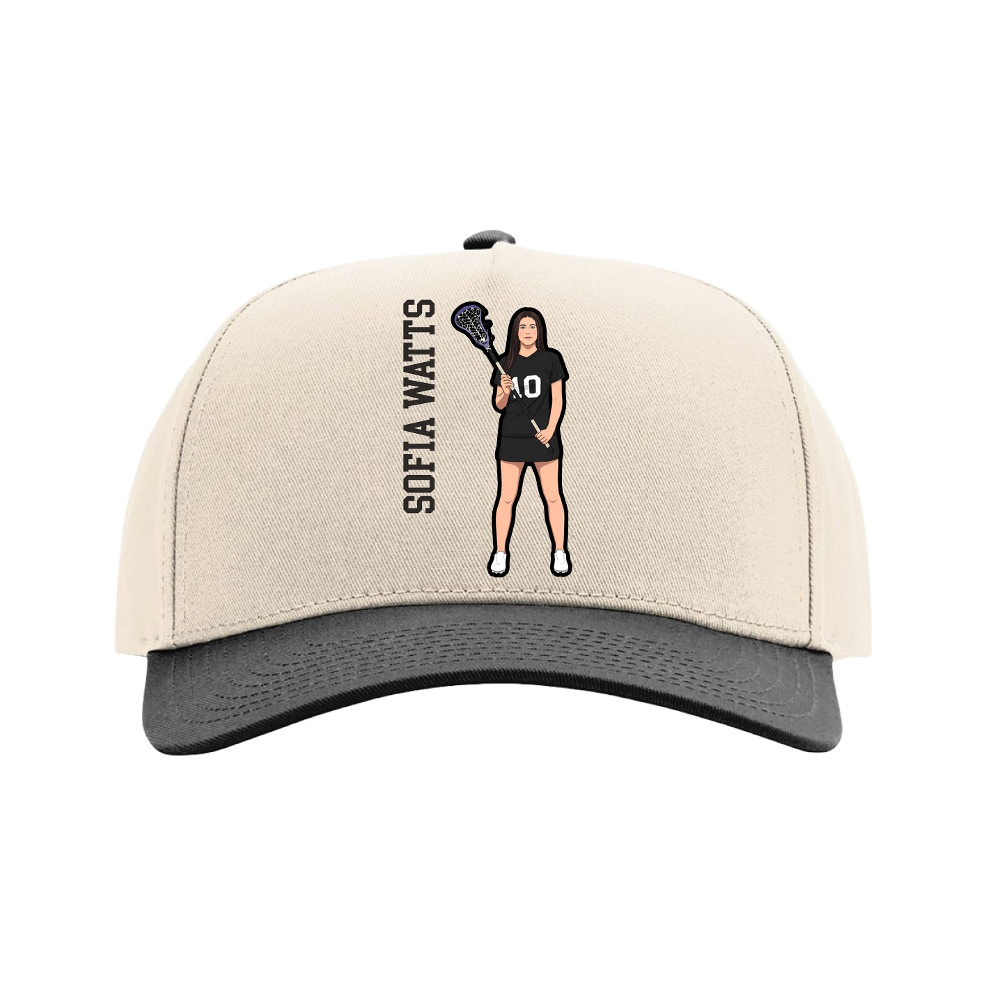 Full Fabric Five-Panel Champ Cap — Name Vertical in Cream/Black