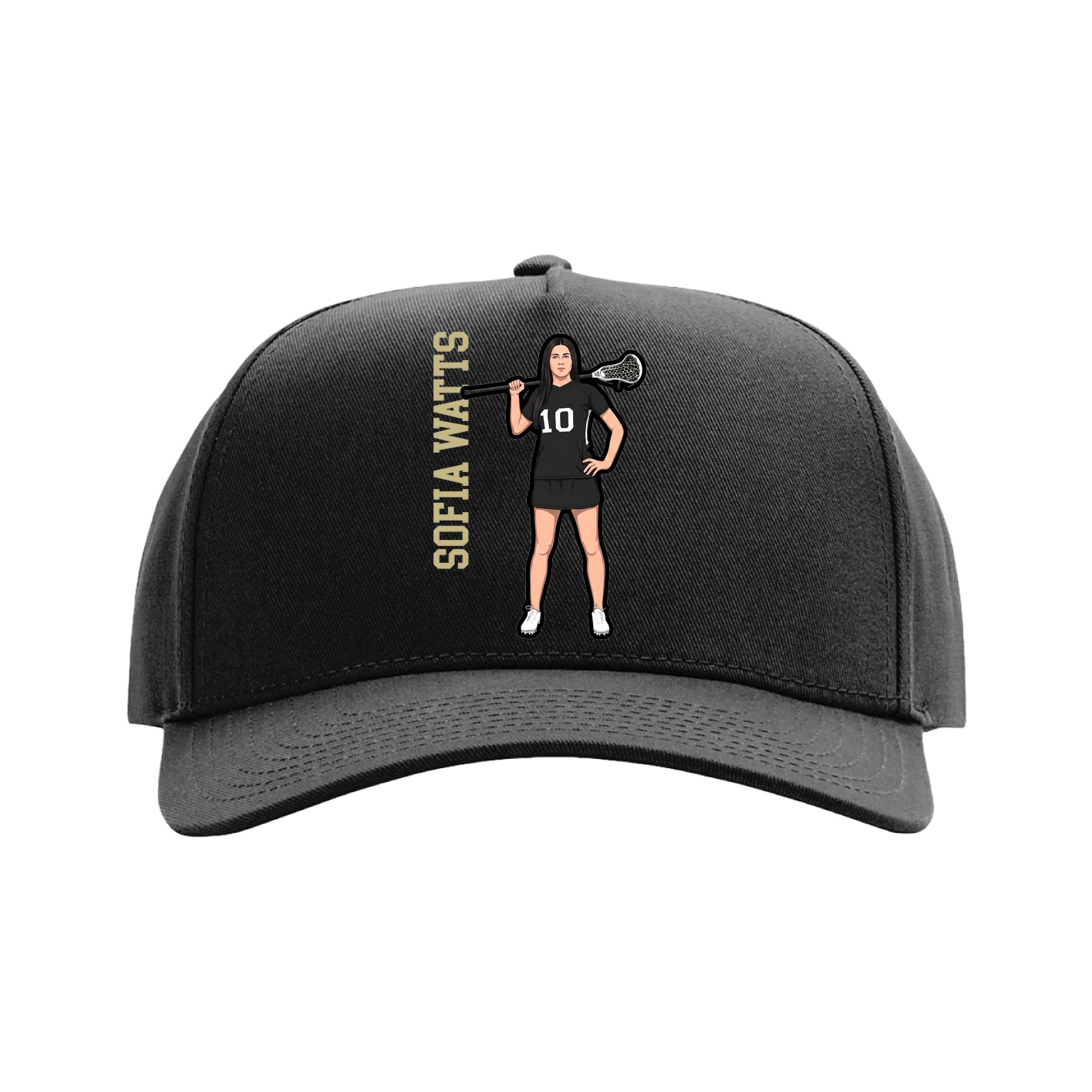 Full Fabric Five-Panel Champ Cap — Name Vertical in Black