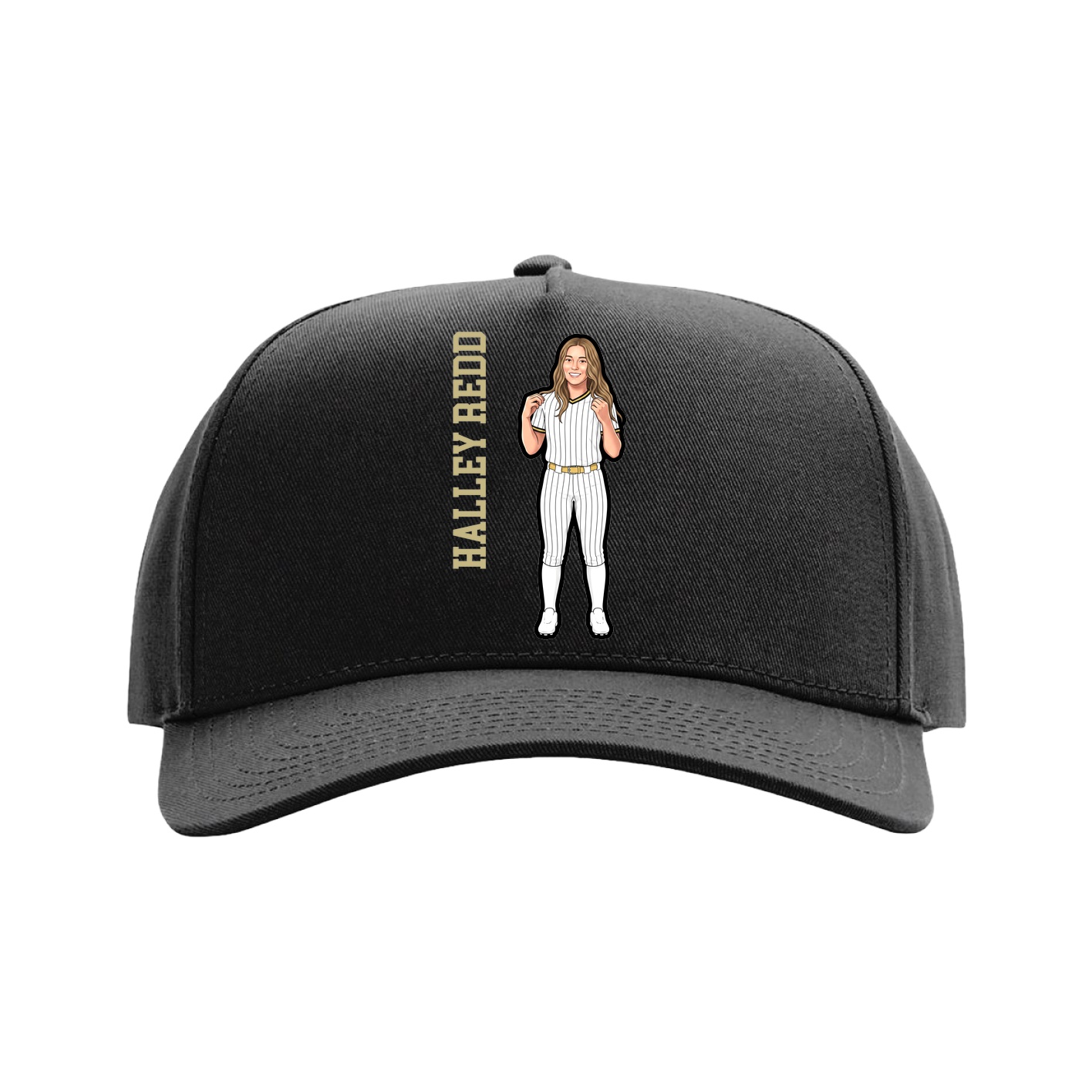 Full Fabric Five-Panel Champ Cap — Name Vertical in Black