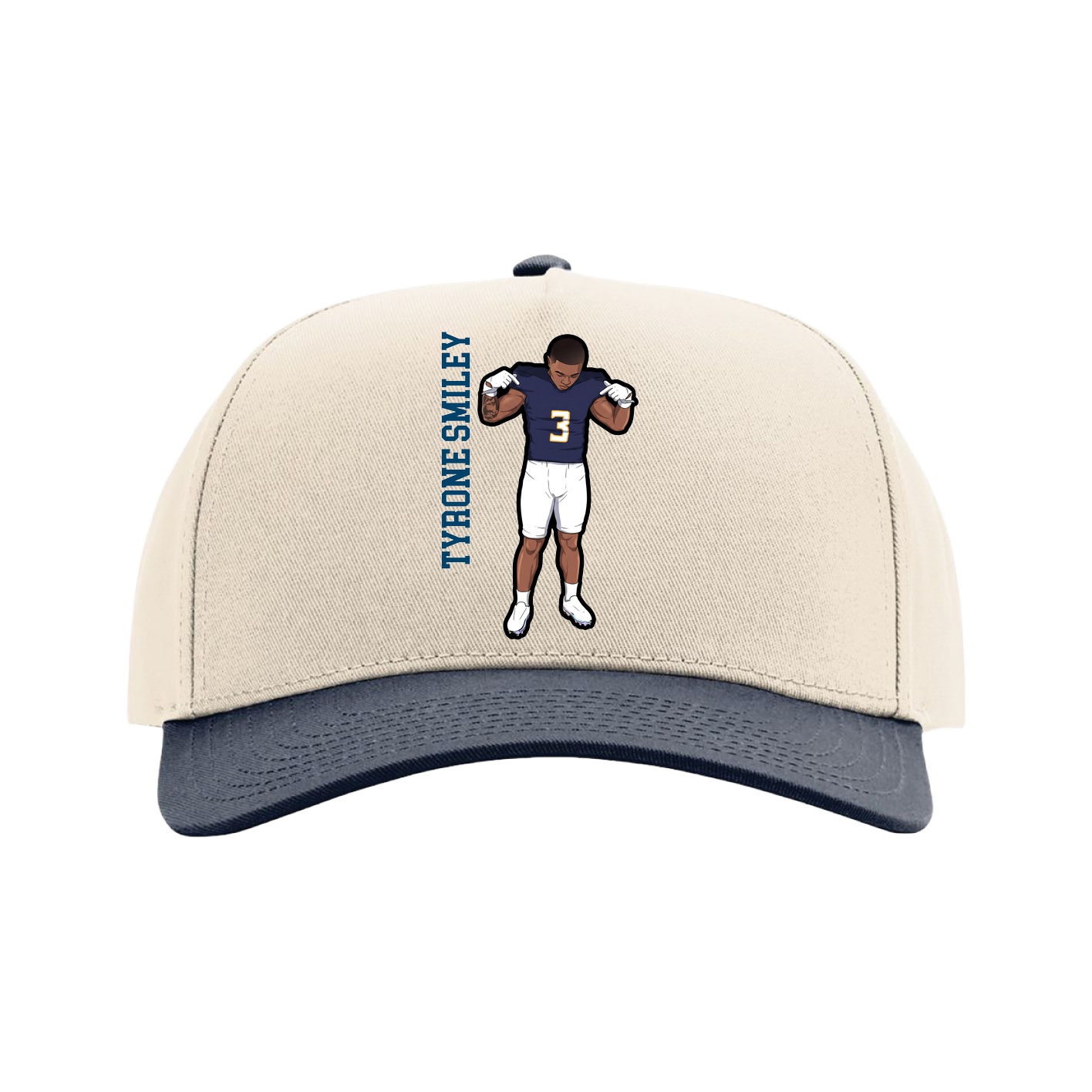 Full Fabric Five-Panel Champ Cap — Name Vertical in Cream/Navy
