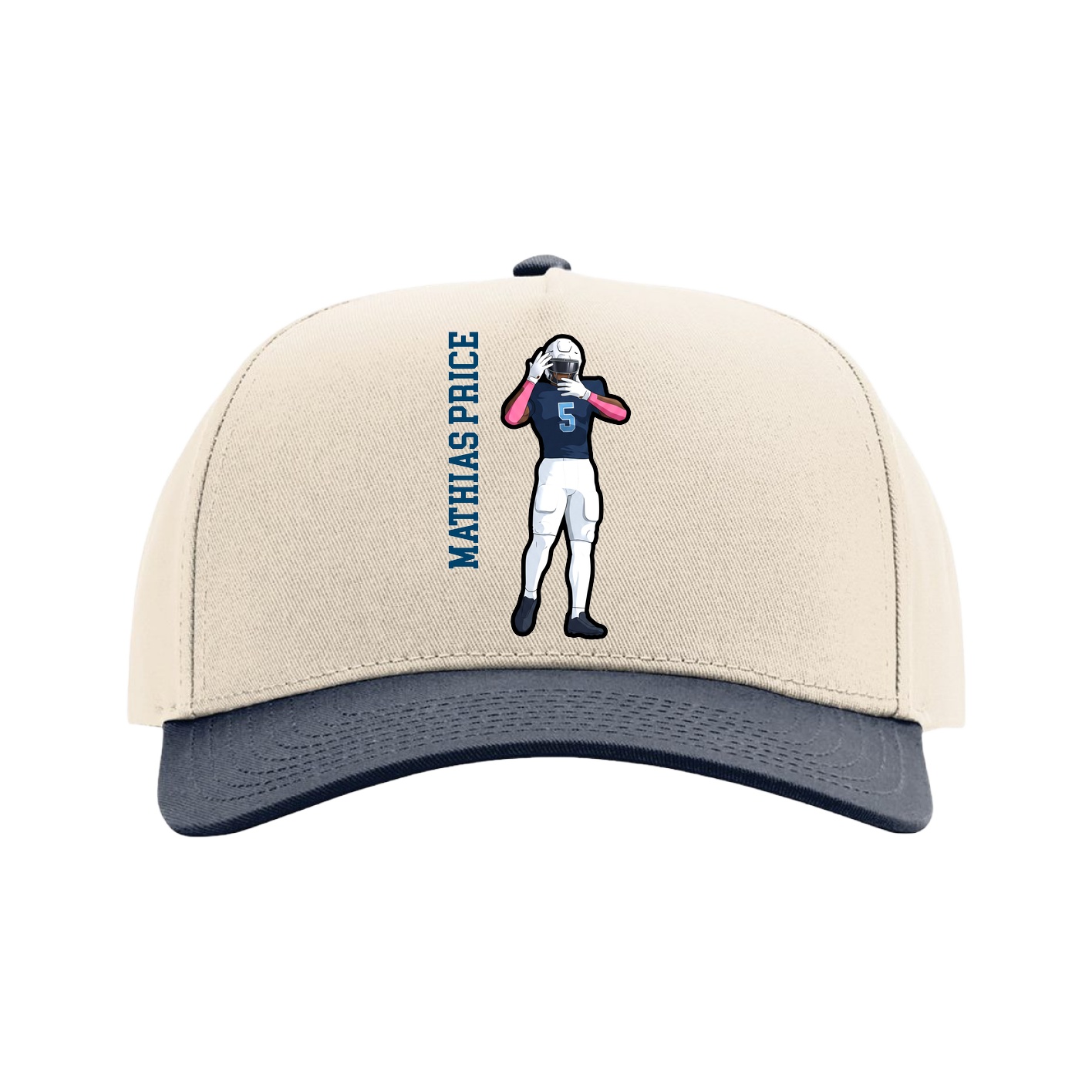 Full Fabric Five-Panel Champ Cap — Name Vertical in Cream/Navy