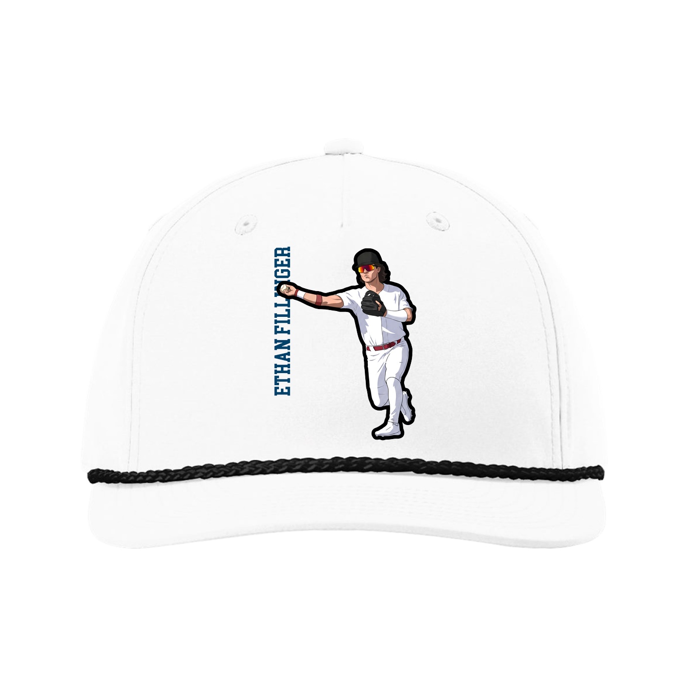 Five-Panel Classic Rope Cap — Name Vertical in White